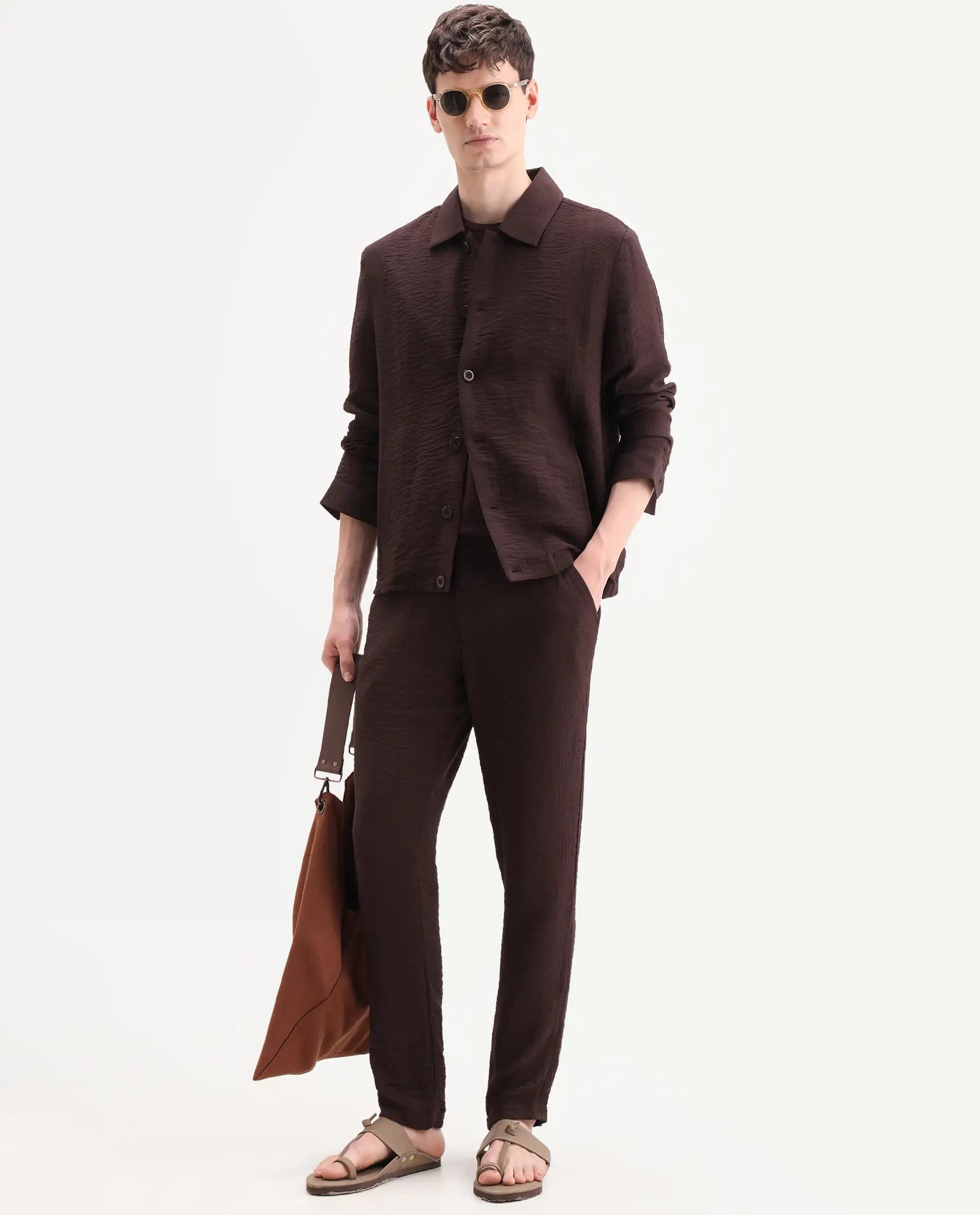 Rare Rabbit Men's Veon-T Dark Brown Viscose Blend Fabric Regular Fit Plain Trouser