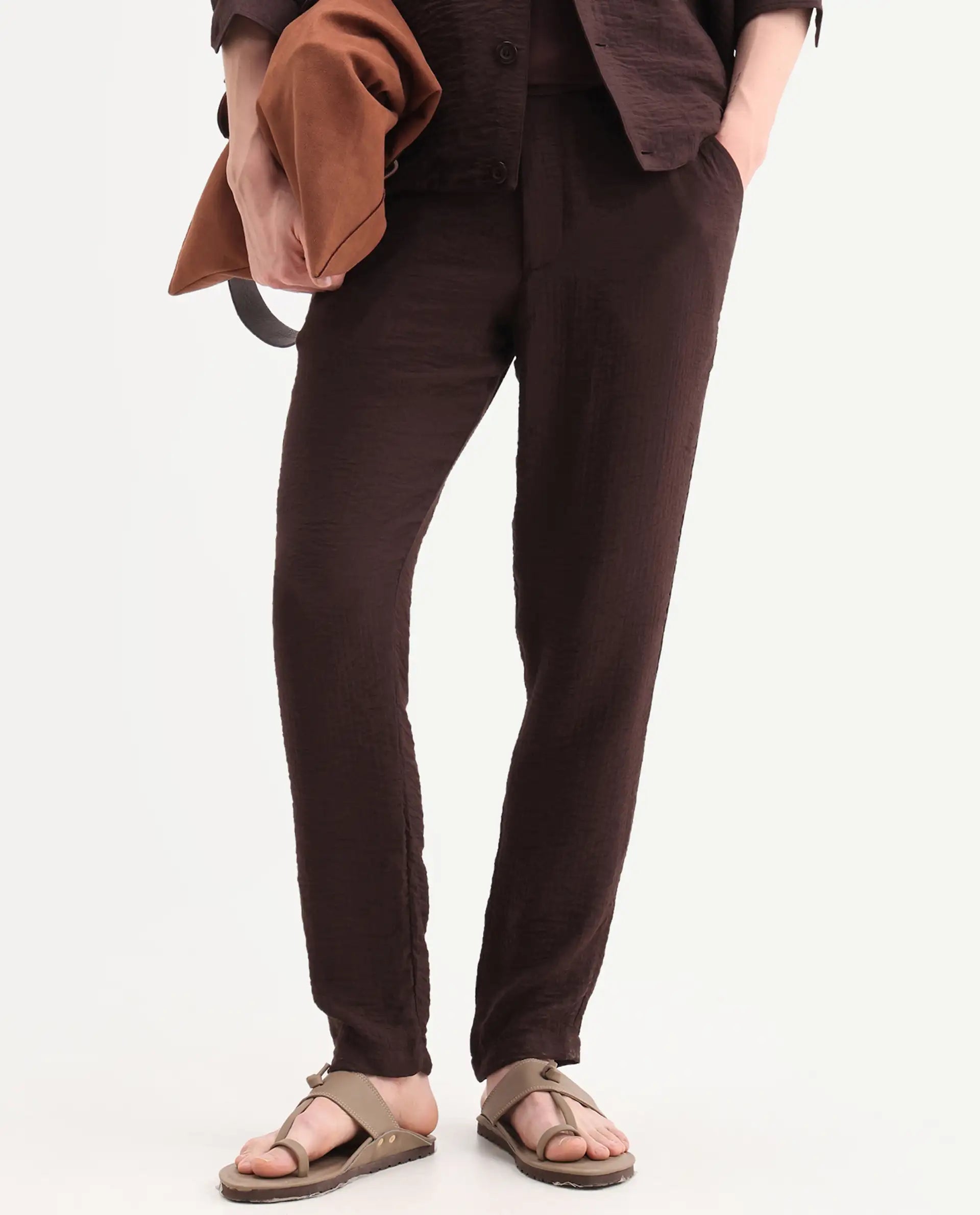 Rare Rabbit Men's Veon-T Dark Brown Viscose Blend Fabric Regular Fit Plain Trouser