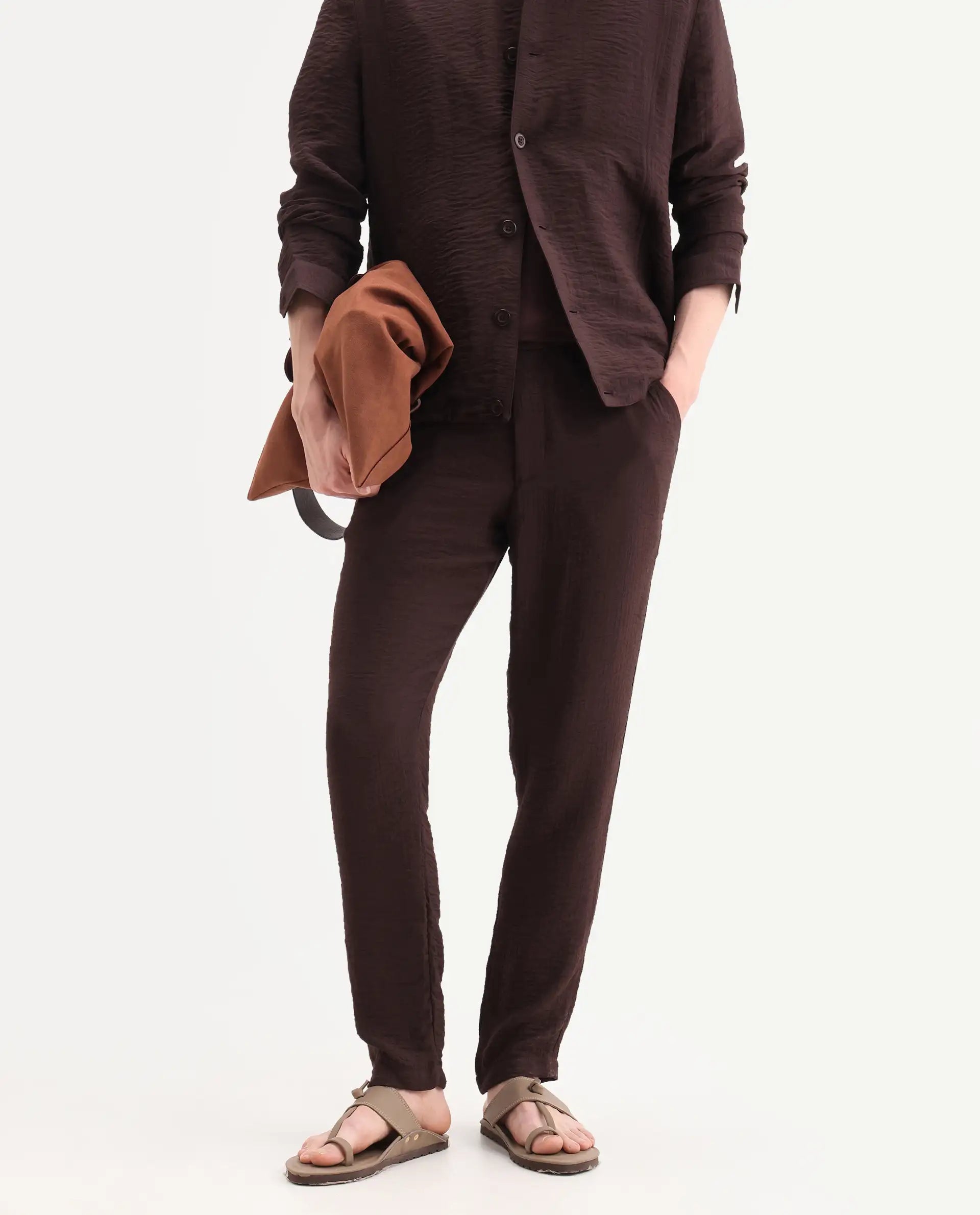 Rare Rabbit Men's Veon-T Dark Brown Viscose Blend Fabric Regular Fit Plain Trouser