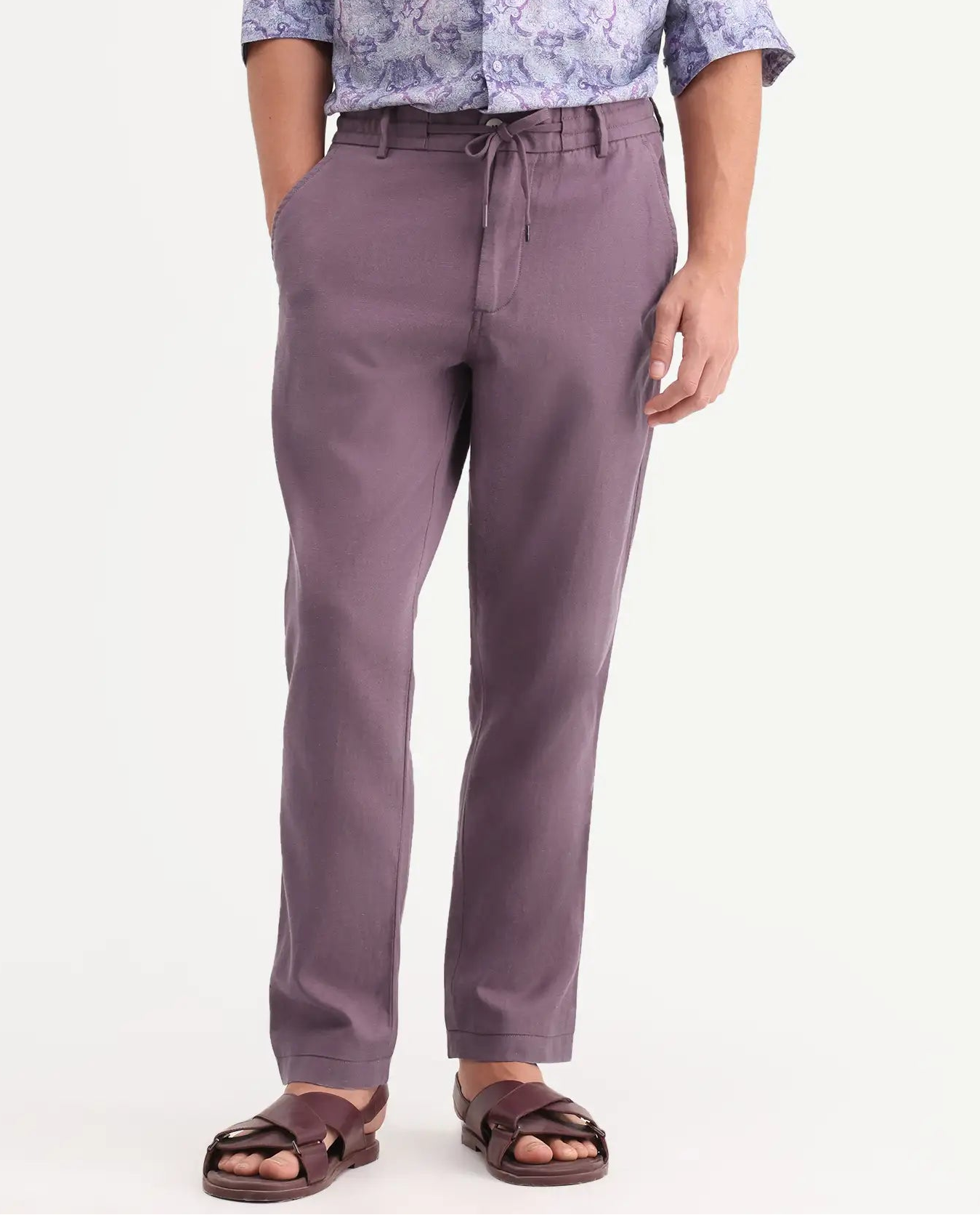 Rare Rabbit Men's Linol-T Purple Linen Blend Fabric Regular Fit Drawstring Plain Trouser