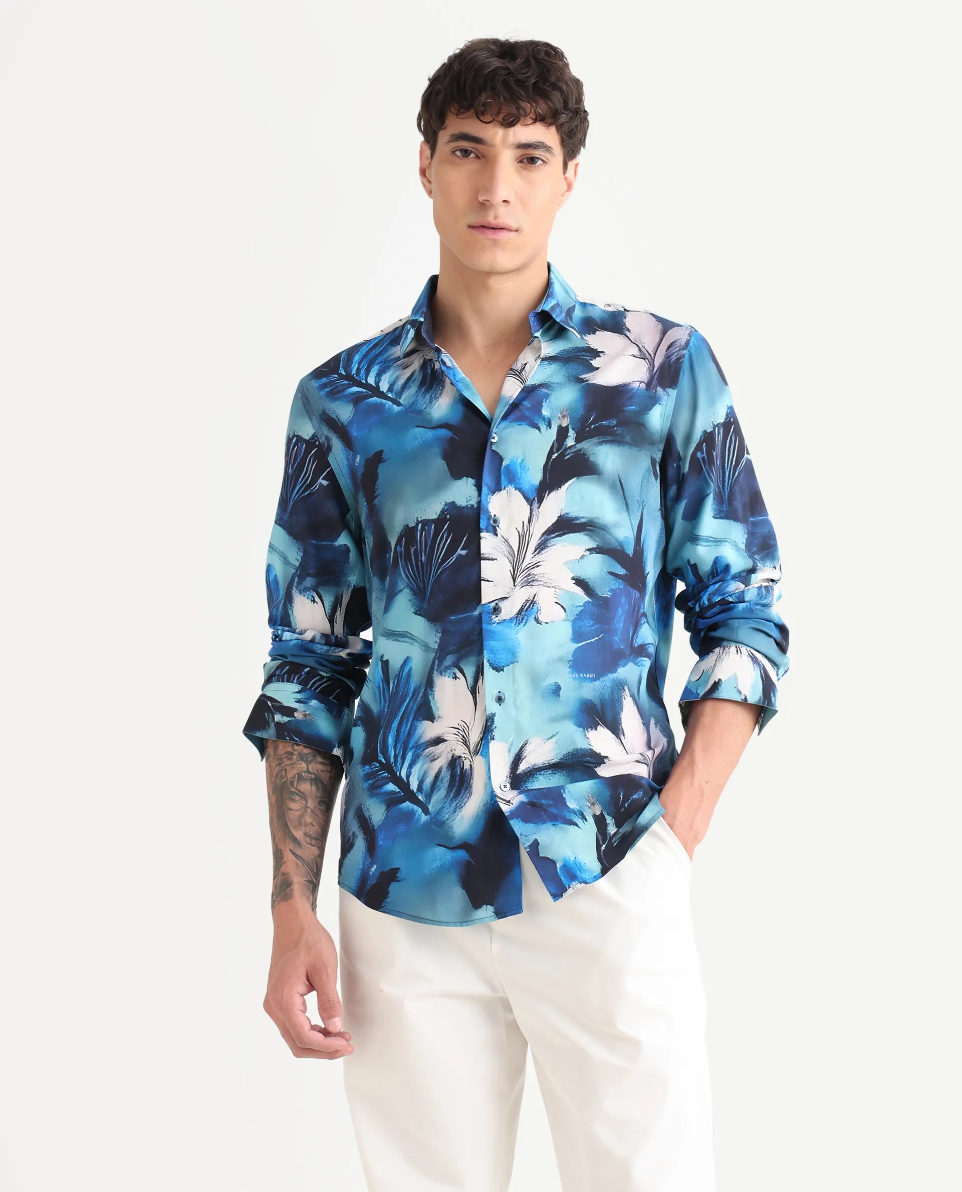 Rare Rabbit Men's Crin Blue Viscose Floral Print Regular Fit Full Sleeve Collared Shirt