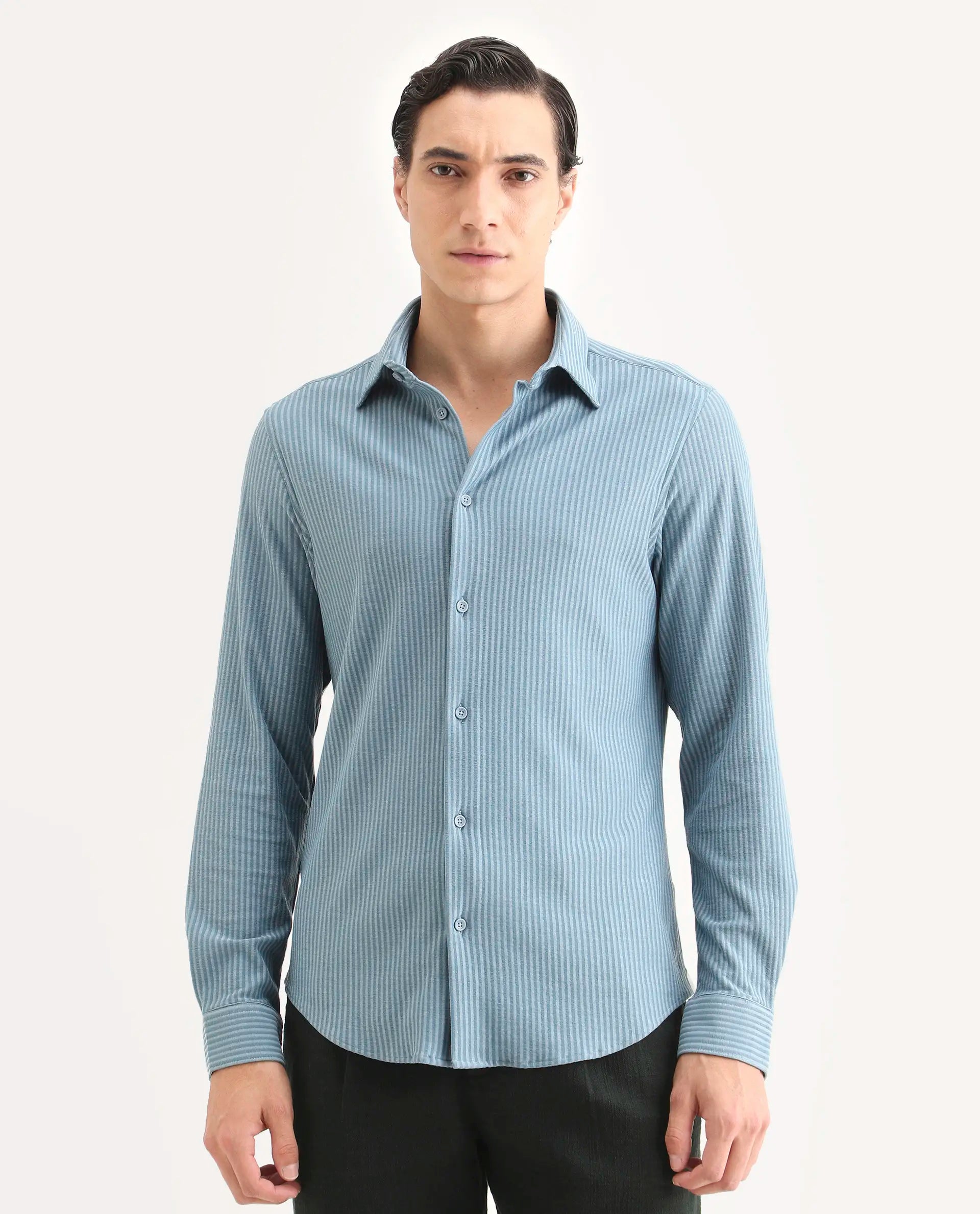 Rare Rabbit Men's Garo Blue Cotton Fabric Full Sleeve Spread Collar Regular Fit Striped Shirt