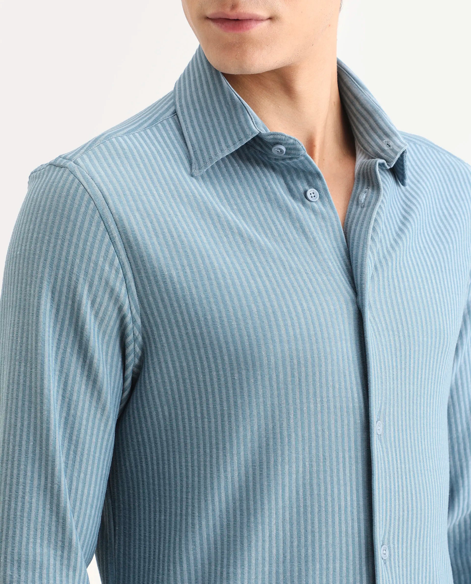 Rare Rabbit Men's Garo Blue Cotton Fabric Full Sleeve Spread Collar Regular Fit Striped Shirt