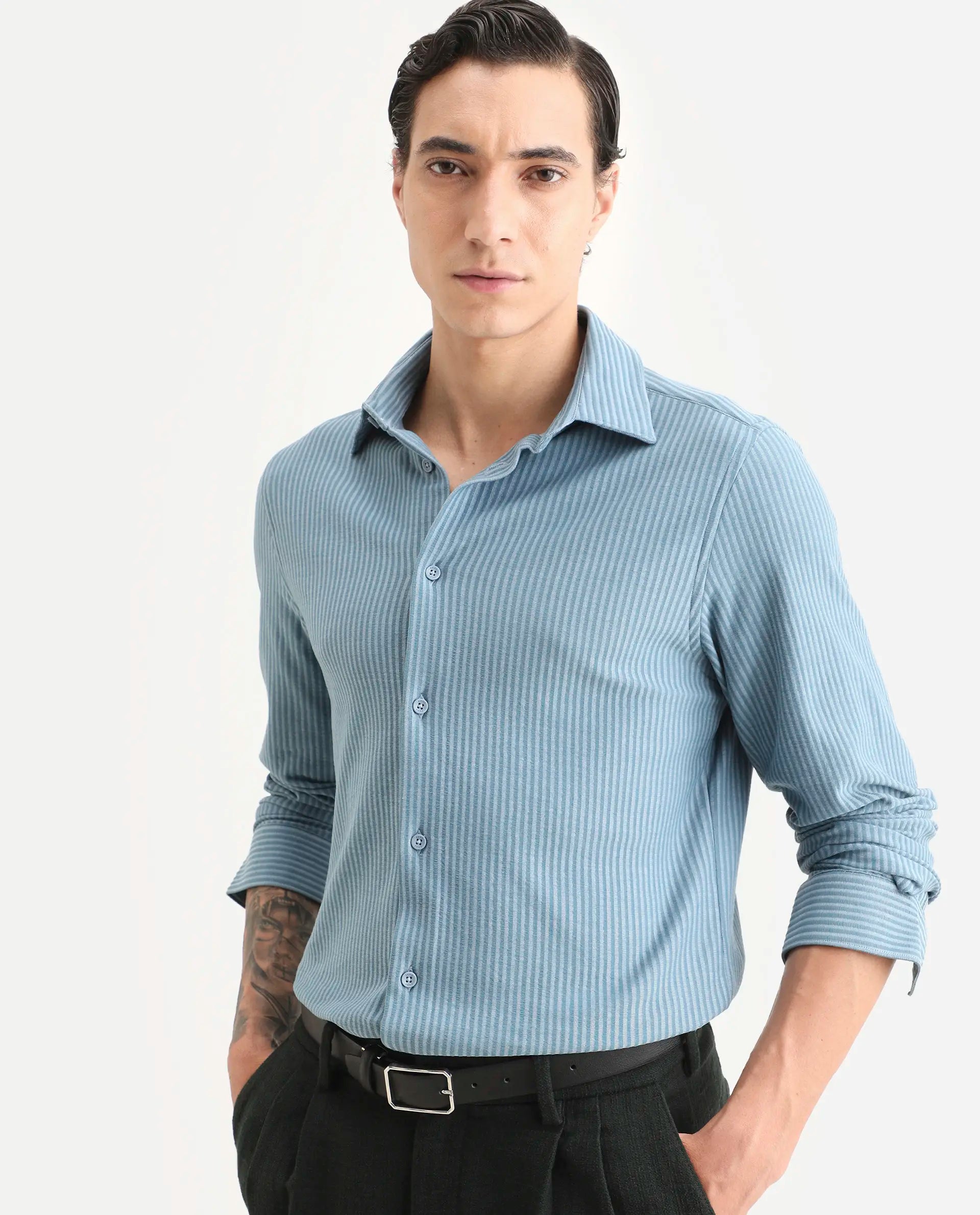 Rare Rabbit Men's Garo Blue Cotton Fabric Full Sleeve Spread Collar Regular Fit Striped Shirt