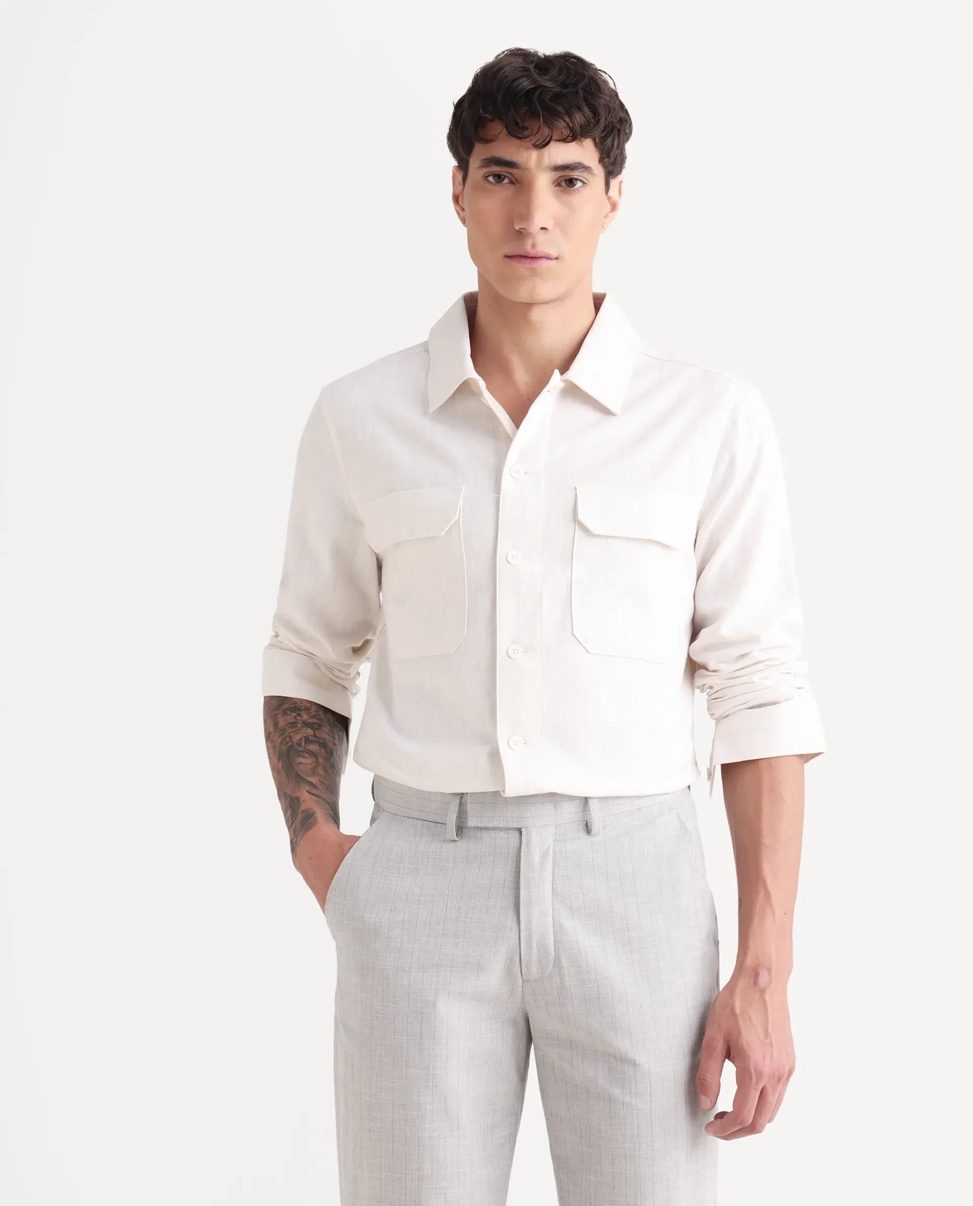 Rare Rabbit Men's Jlo-S Beige Linen Blend Fabric Full Sleeve Collared Neck Striped Shirt