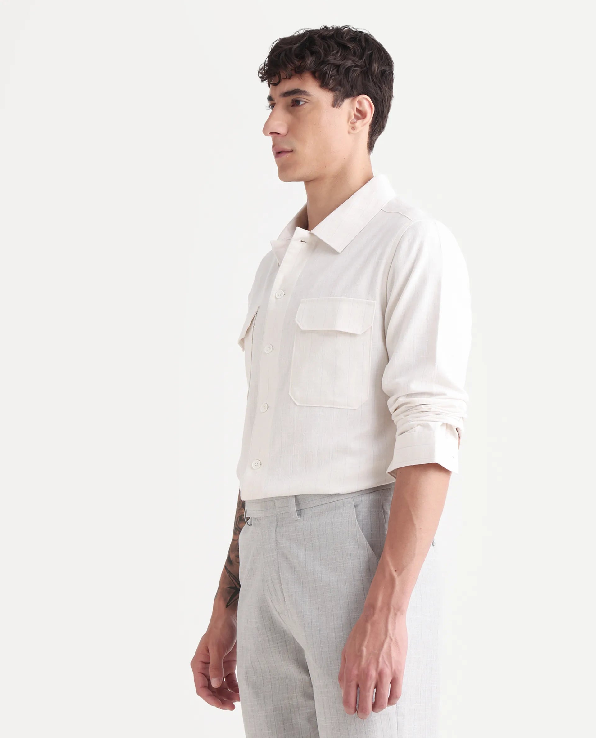 Rare Rabbit Men's Jlo-S Beige Linen Blend Fabric Full Sleeve Collared Neck Striped Shirt