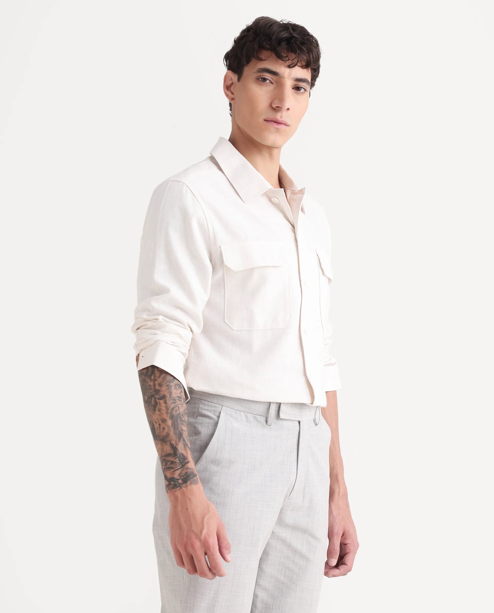 Rare Rabbit Men's Jlo-S Beige Linen Blend Fabric Full Sleeve Collared Neck Striped Shirt