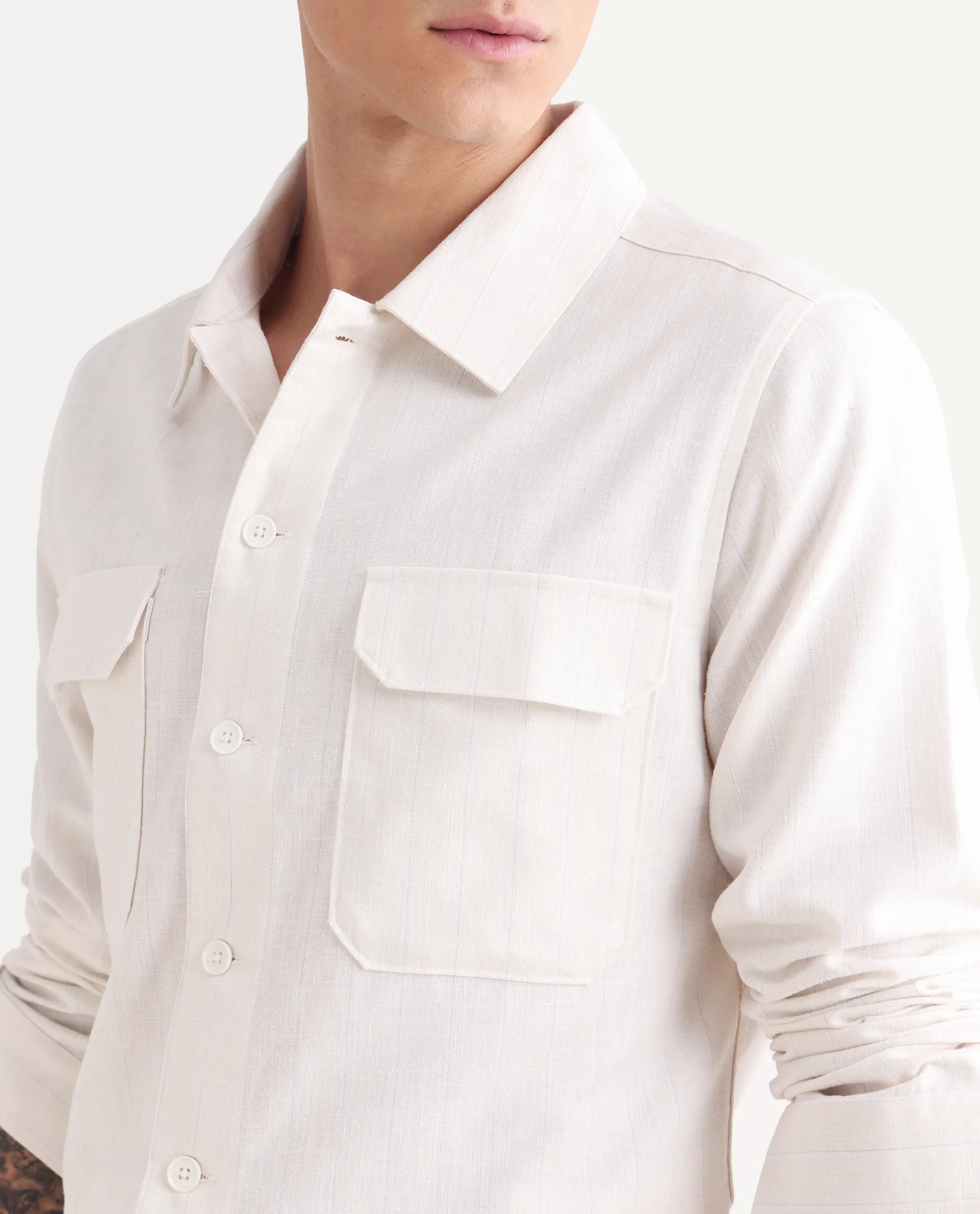 Rare Rabbit Men's Jlo-S Beige Linen Blend Fabric Full Sleeve Collared Neck Striped Shirt