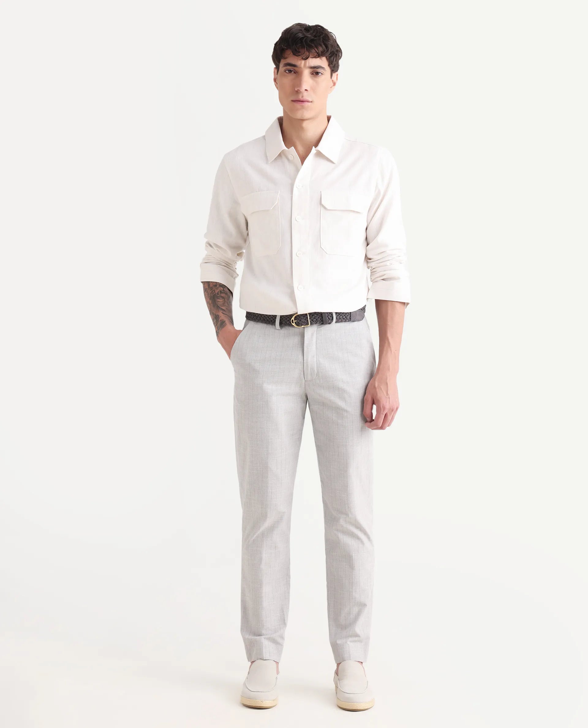 Rare Rabbit Men's Jlo-S Beige Linen Blend Fabric Full Sleeve Collared Neck Striped Shirt