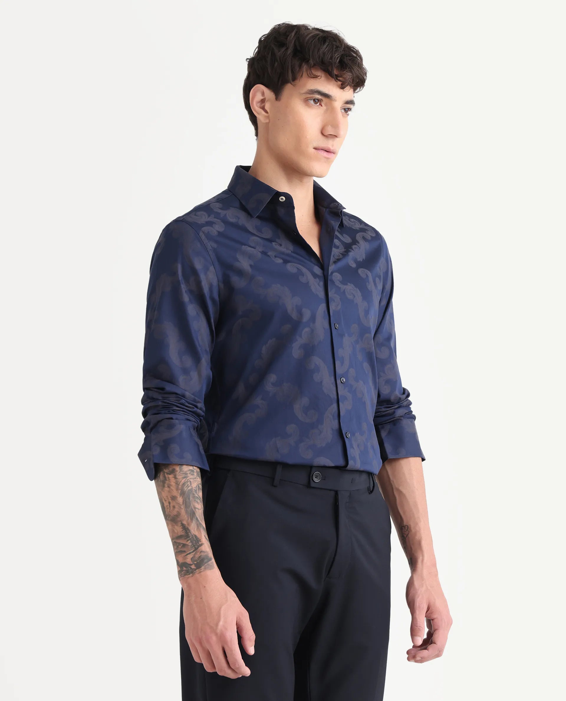 Rare Rabbit Men's Funo Blue Cotton Jacquard Regular Fit Full Sleeve Collared Shirt