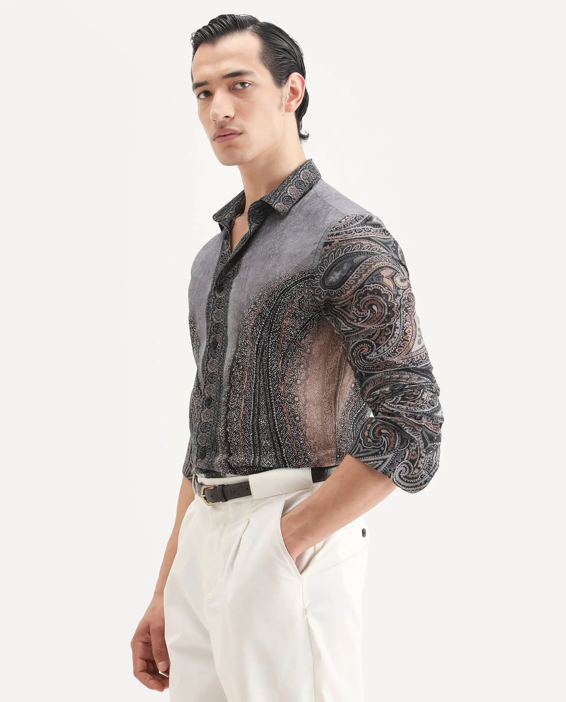 Rare Rabbit Men's Jipo Dusky Blue Cotton Paisley Print Regular Fit Full Sleeve Collared Shirt