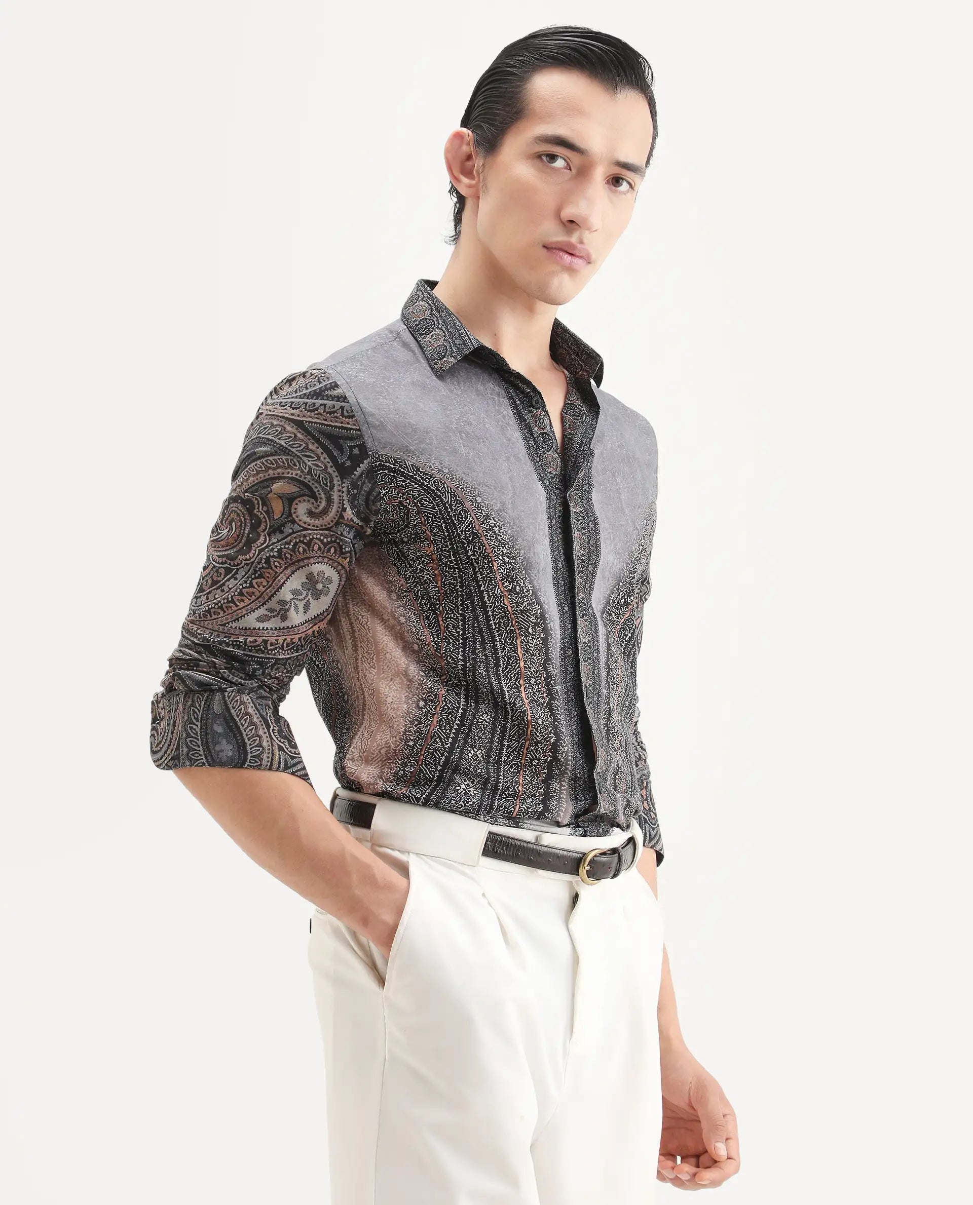 Rare Rabbit Men's Jipo Dusky Blue Cotton Paisley Print Regular Fit Full Sleeve Collared Shirt