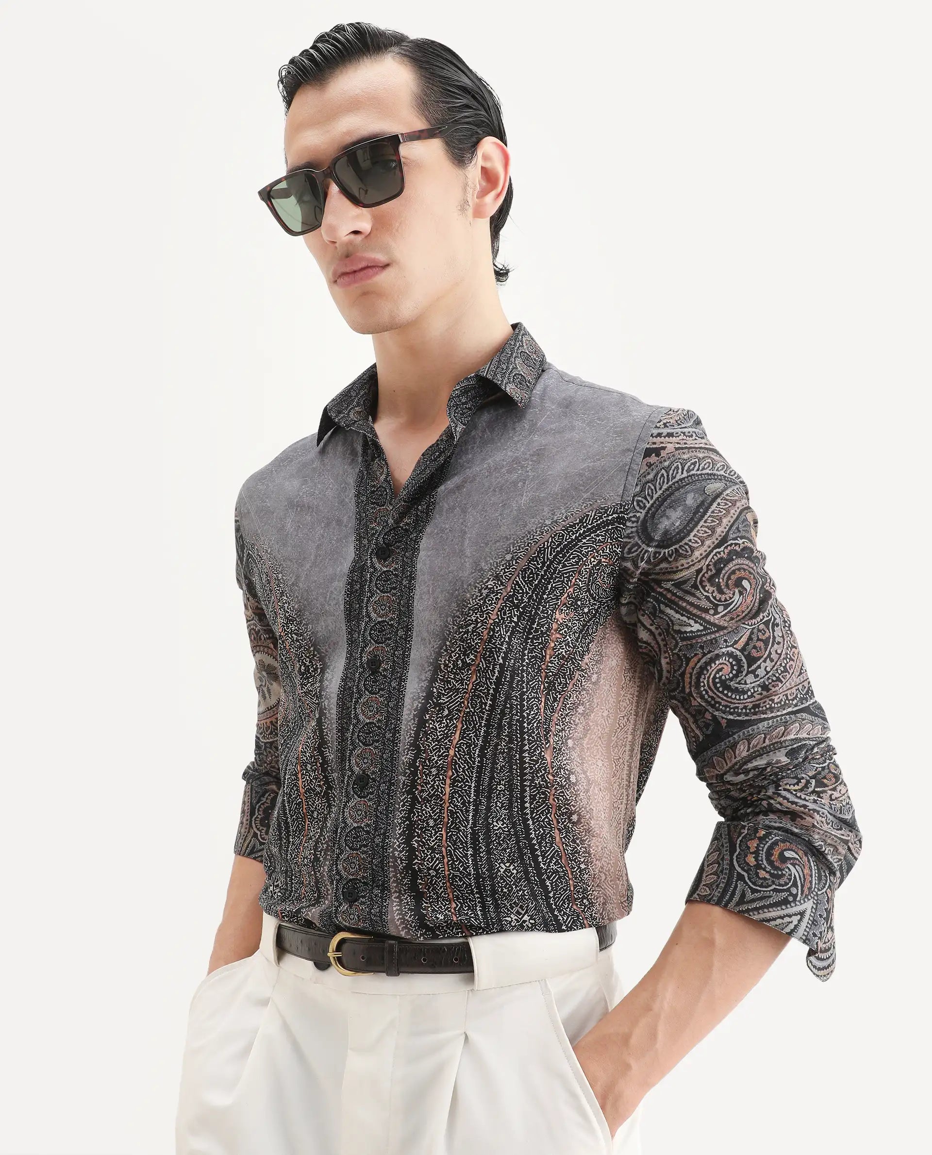 Rare Rabbit Men's Jipo Dusky Blue Cotton Paisley Print Regular Fit Full Sleeve Collared Shirt