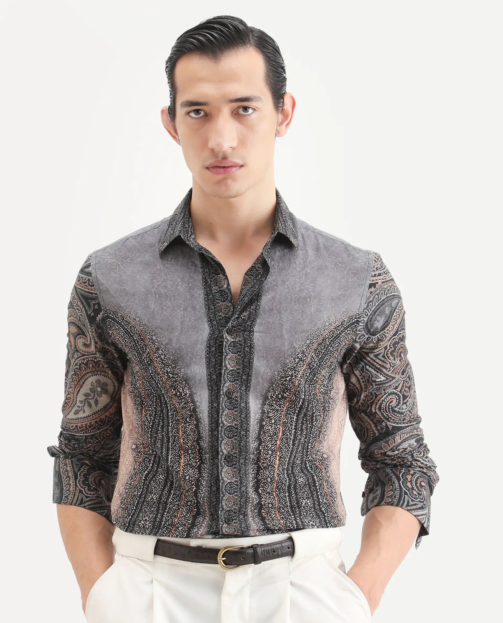Rare Rabbit Men's Jipo Dusky Blue Cotton Paisley Print Regular Fit Full Sleeve Collared Shirt
