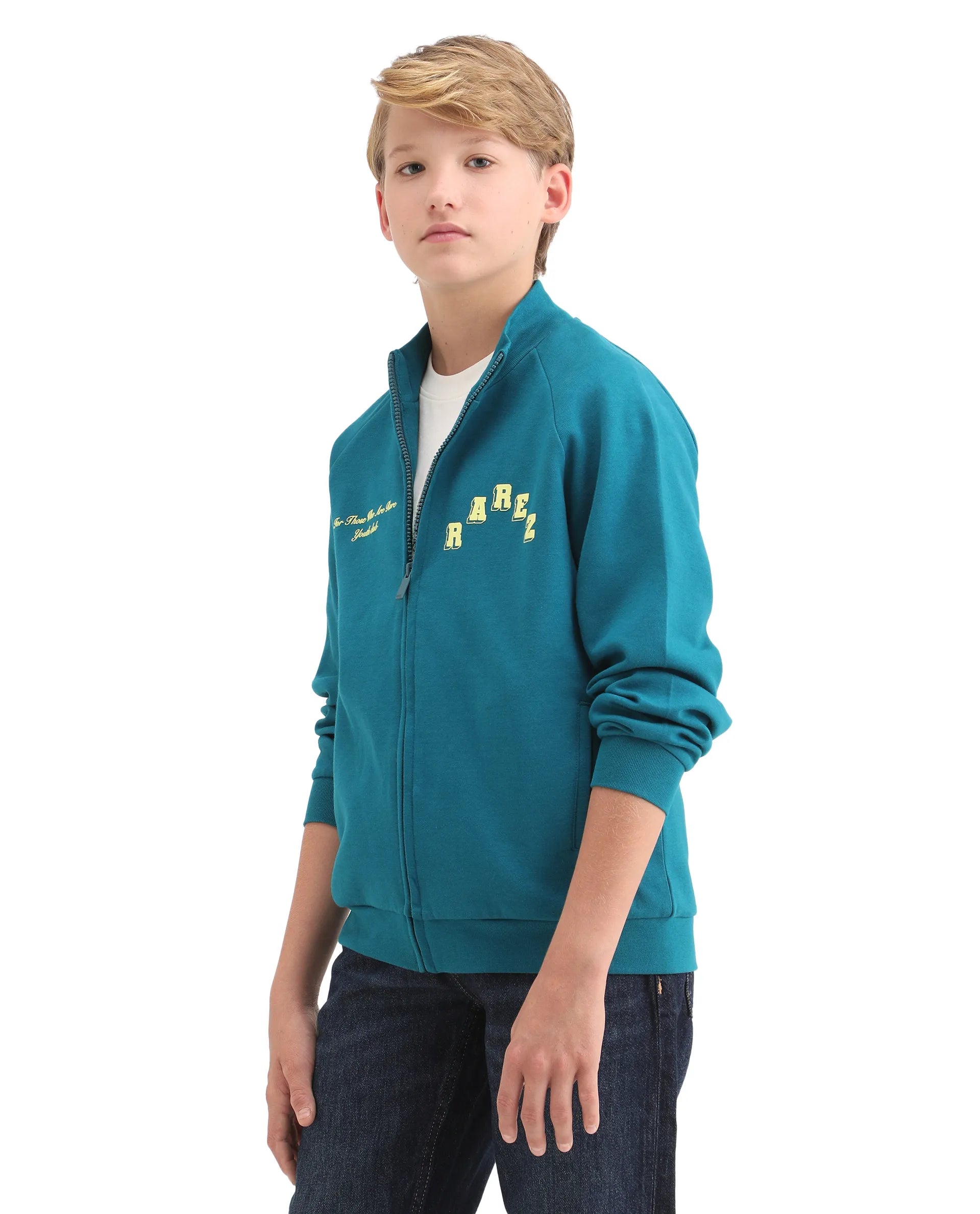 Rare Ones Kids Onyx Teal Cotton Blend Zipper Closure Solid Full Sleeves Oversized Sweatshirt