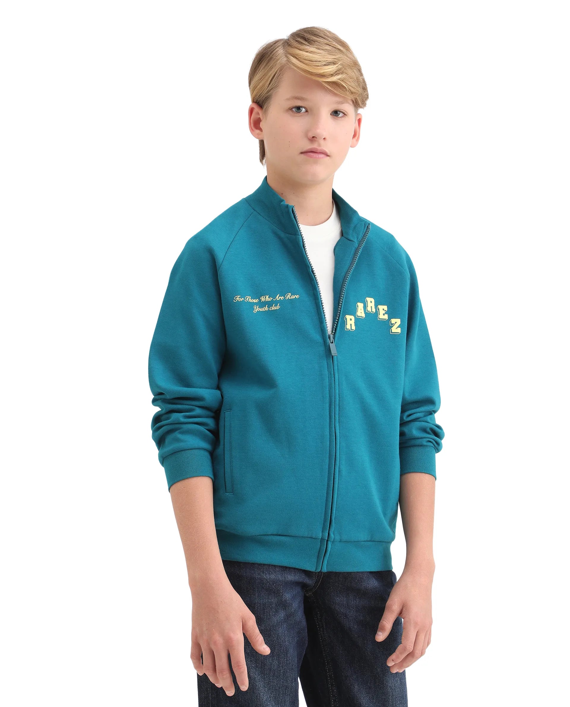 Rare Ones Kids Onyx Teal Cotton Blend Zipper Closure Solid Full Sleeves Oversized Sweatshirt