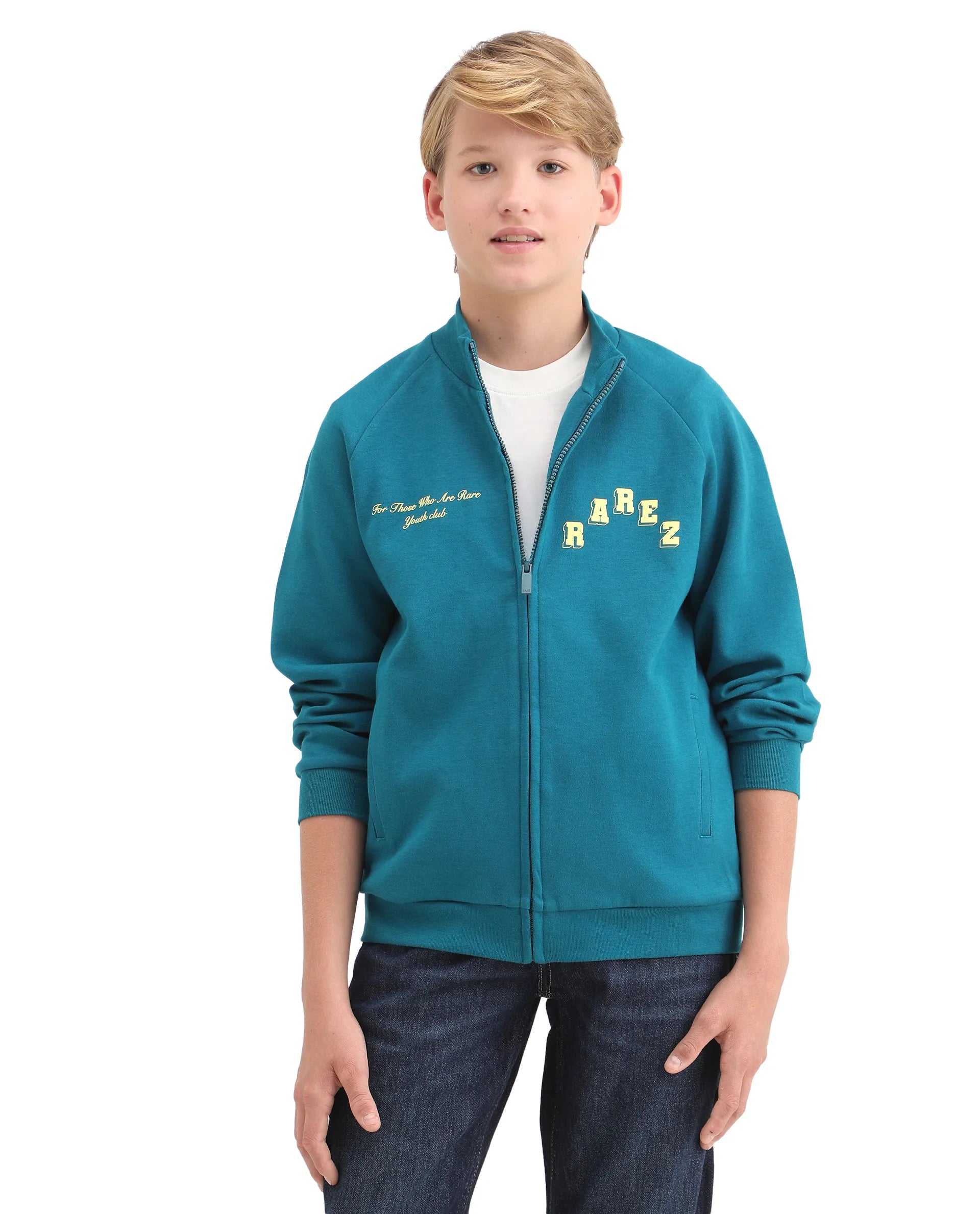 Rare Ones Kids Onyx Teal Cotton Blend Zipper Closure Solid Full Sleeves Oversized Sweatshirt
