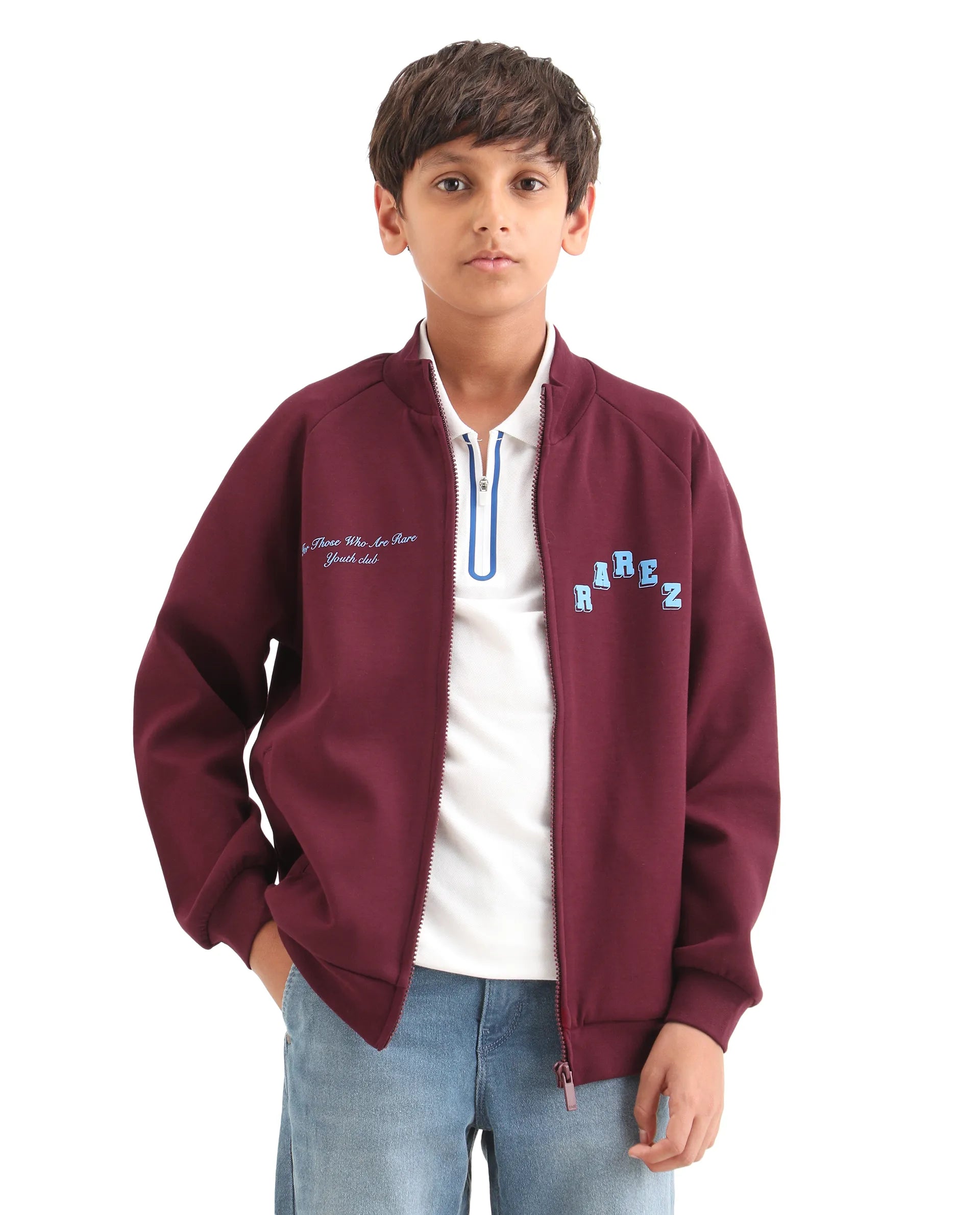 Rare Ones Kids Onyx Maroon Cotton Blend Zipper Closure Solid Full Sleeves Oversized Sweatshirt
