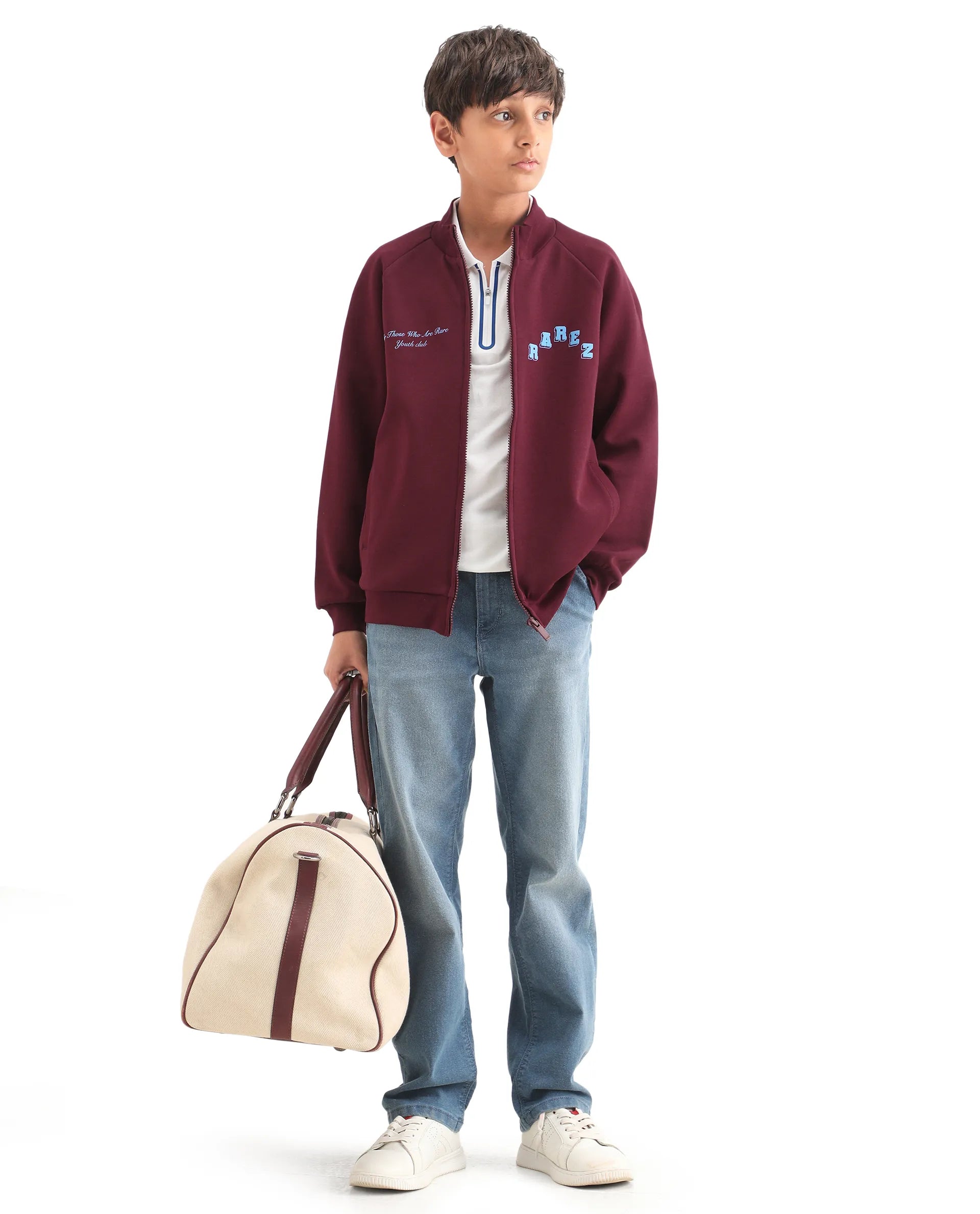 Rare Ones Kids Onyx Maroon Cotton Blend Zipper Closure Solid Full Sleeves Oversized Sweatshirt