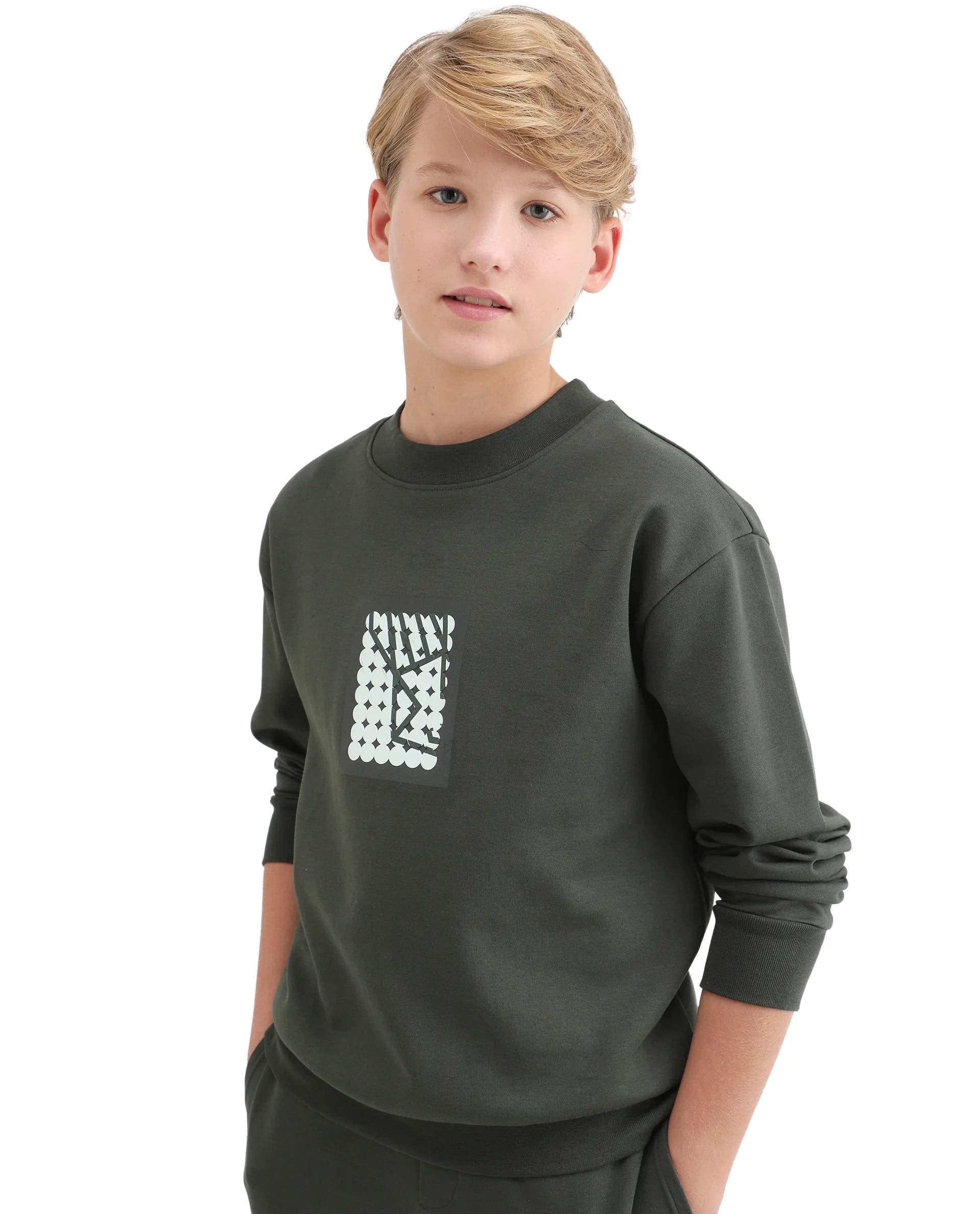 Rare Ones Kids Rune Olive Cotton Blend Pull-On Closure Graphic Printed Full Sleeves Oversized Sweatshirt