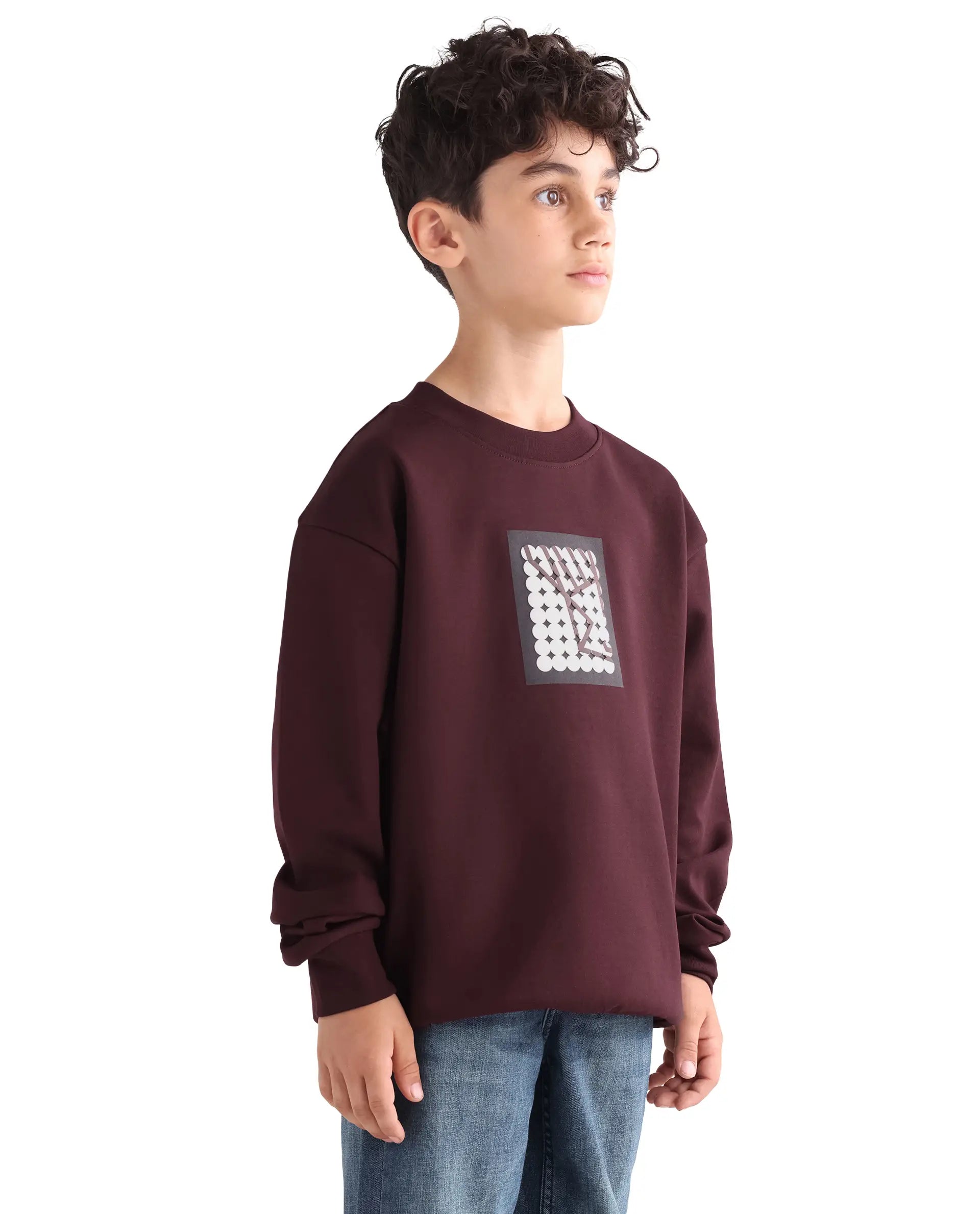 Rare Ones Kids Rune Dark Maroon Cotton Blend Pull-On Closure Solid Full Sleeves Oversized Sweatshirt