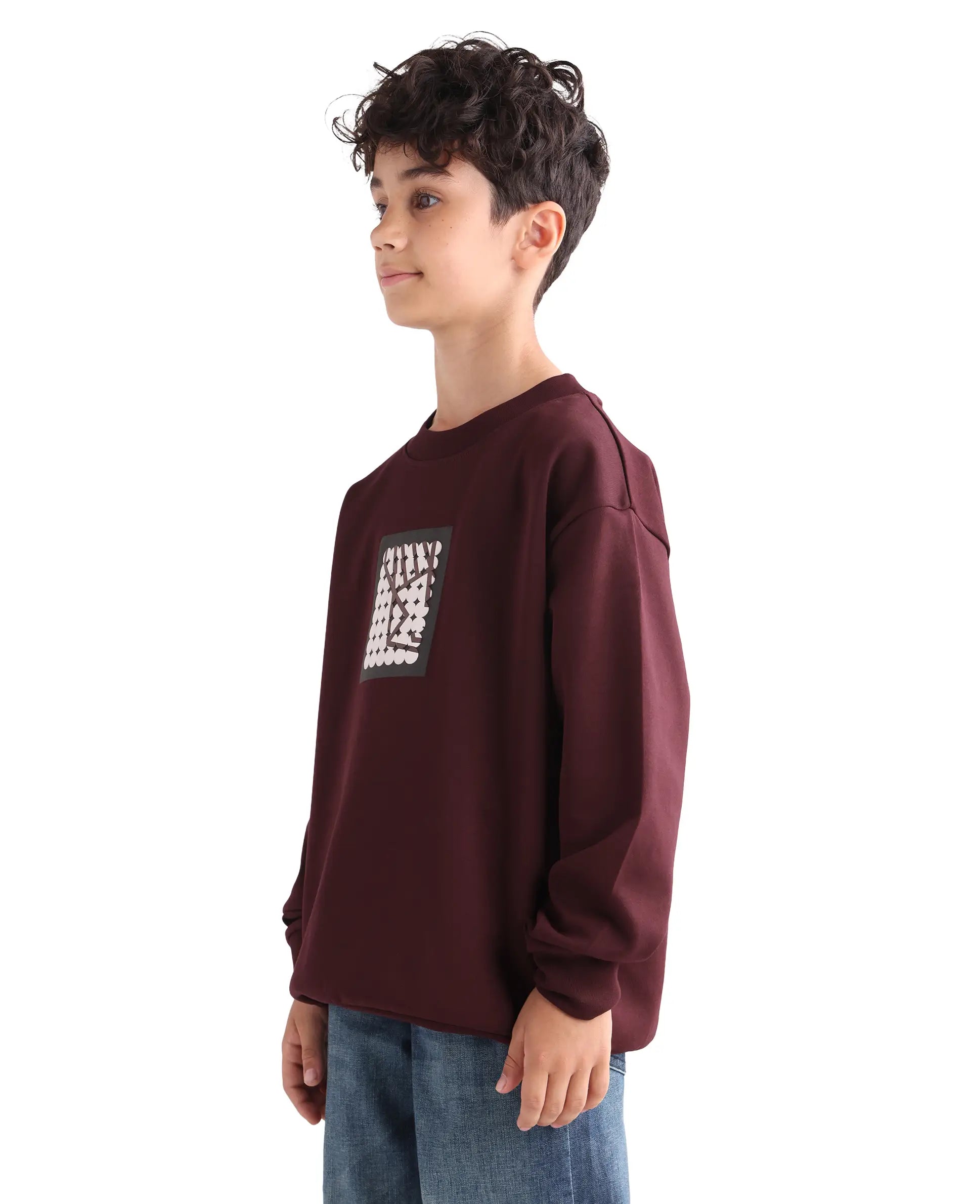 Rare Ones Kids Rune Dark Maroon Cotton Blend Pull-On Closure Solid Full Sleeves Oversized Sweatshirt