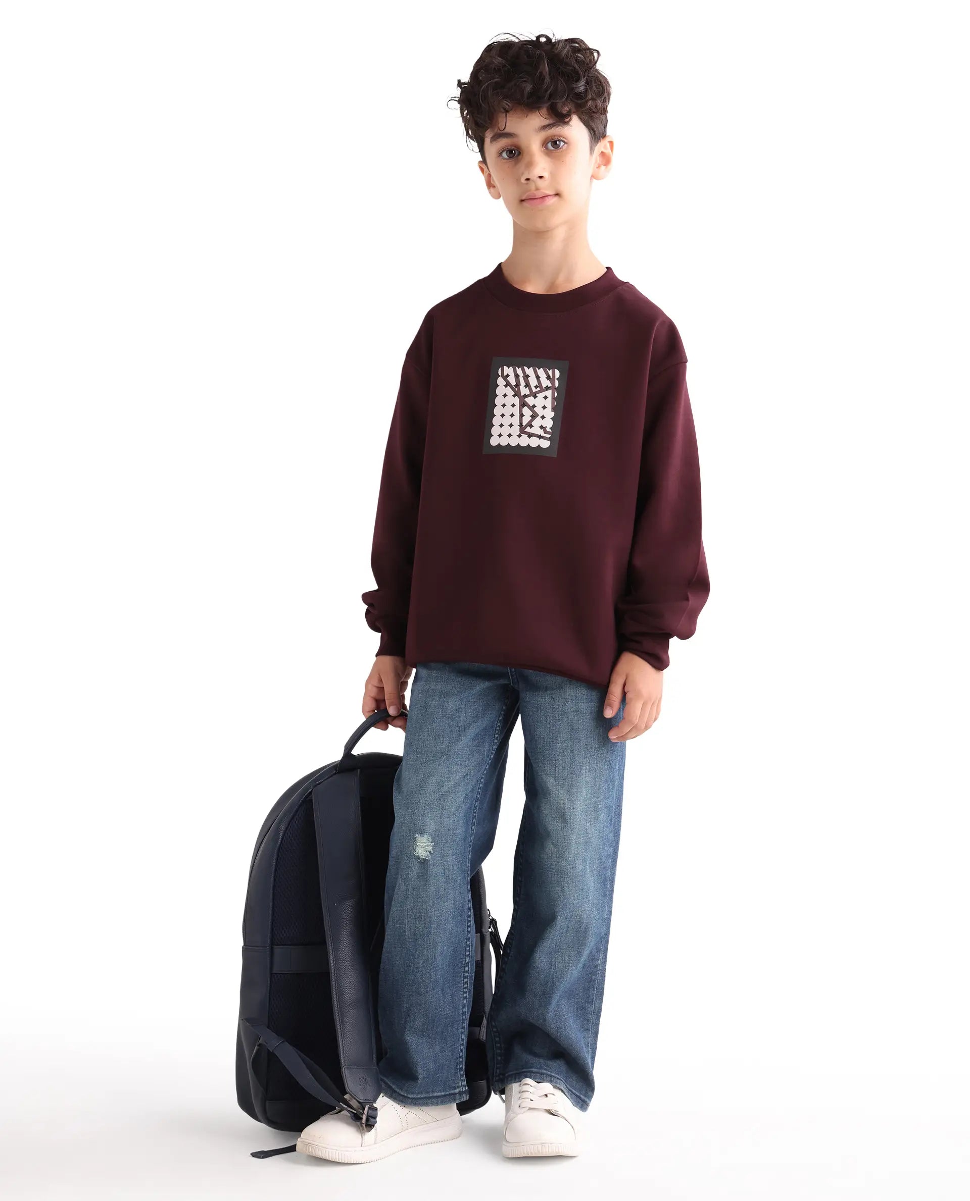 Rare Ones Kids Rune Dark Maroon Cotton Blend Pull-On Closure Solid Full Sleeves Oversized Sweatshirt