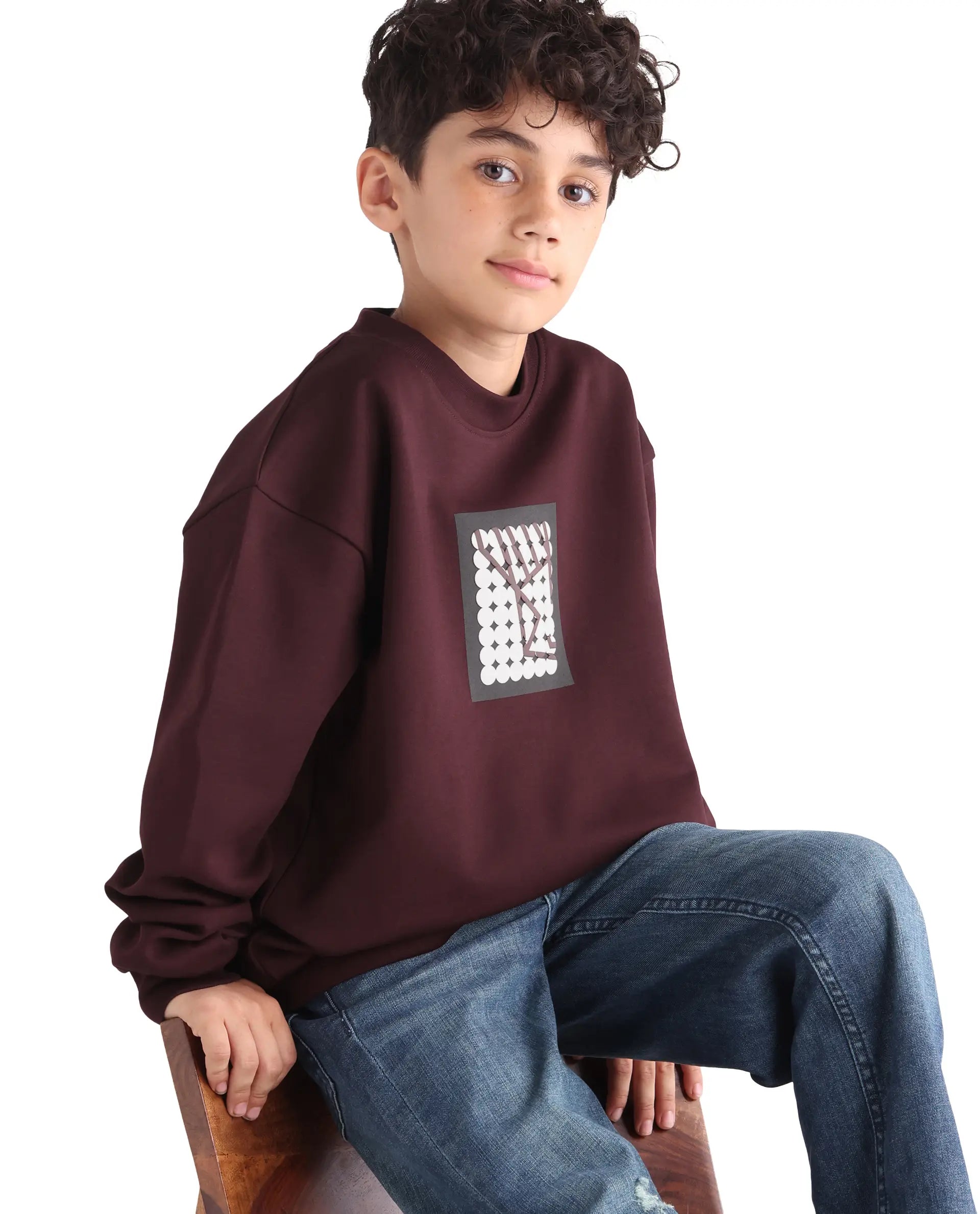 Rare Ones Kids Rune Dark Maroon Cotton Blend Pull-On Closure Solid Full Sleeves Oversized Sweatshirt