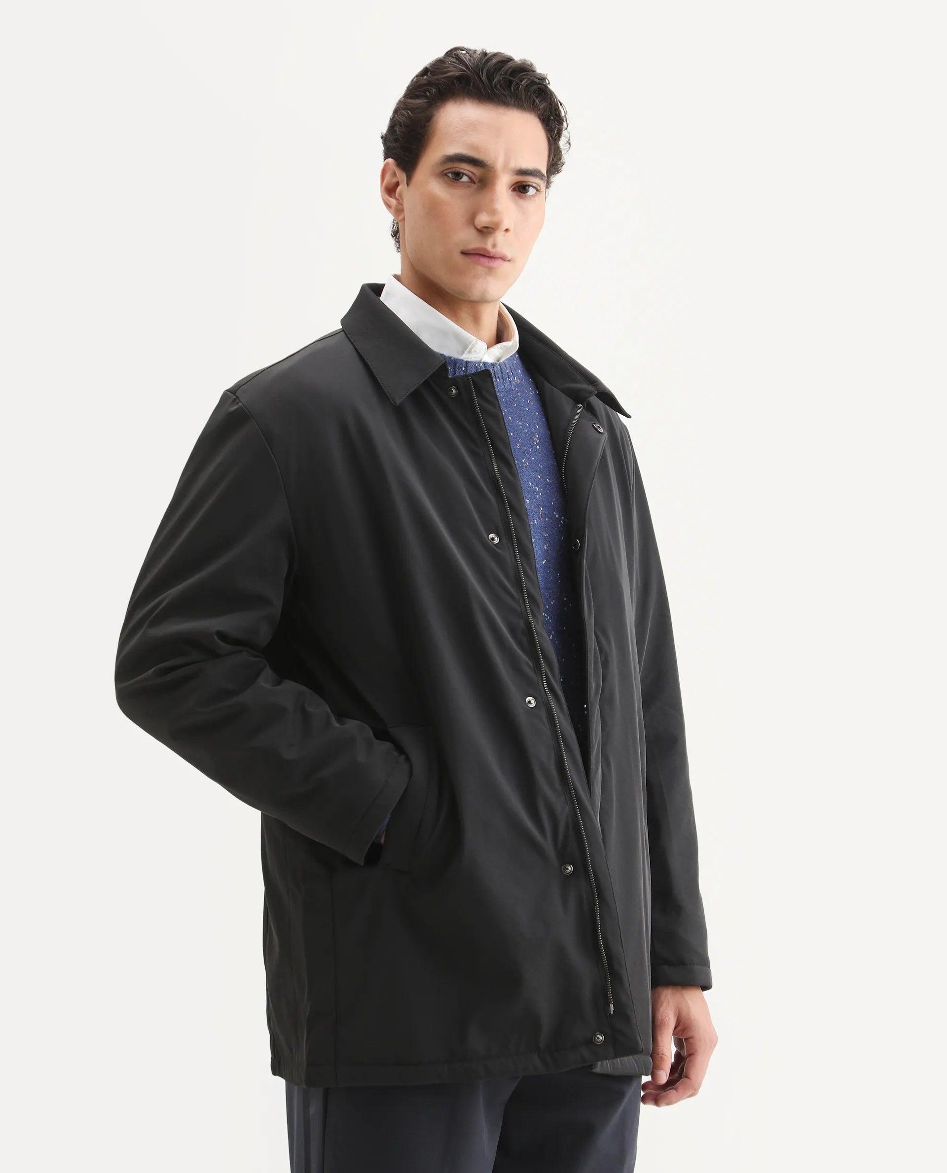 Rare Rabbit Men's Liem Black Nylon Blend Fabric Collared Neck Regular Fit Plain Coat