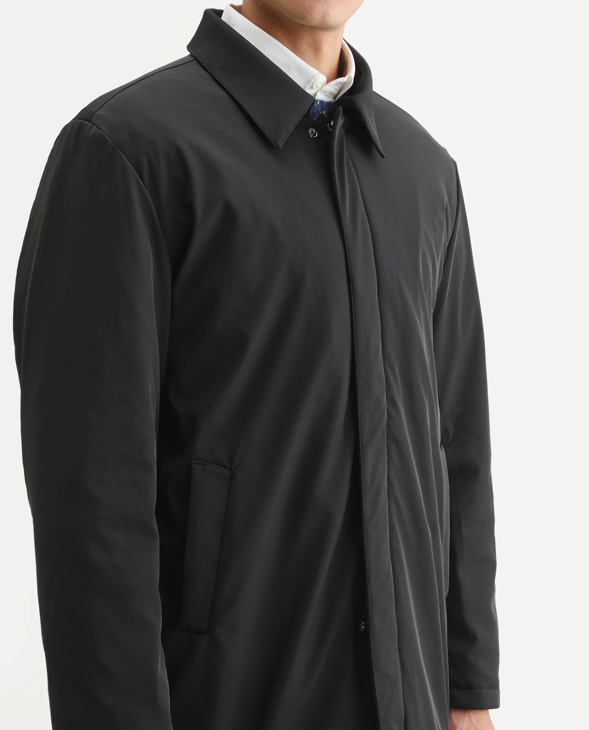 Rare Rabbit Men's Liem Black Nylon Blend Fabric Collared Neck Regular Fit Plain Coat