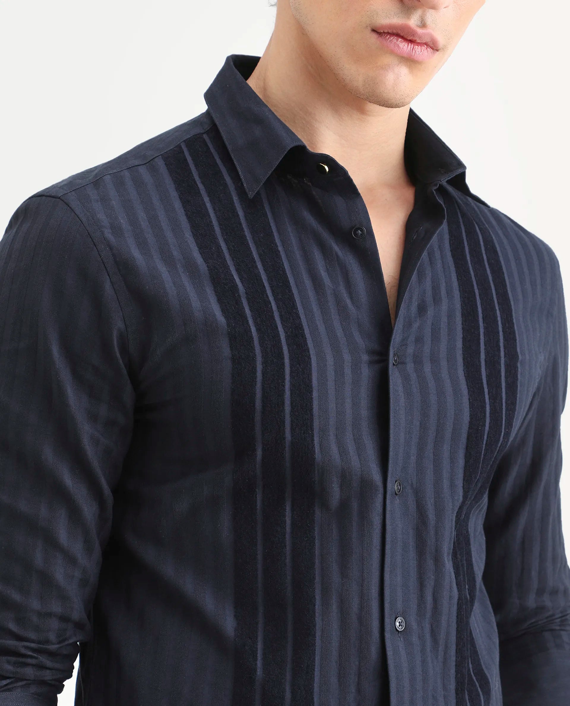 Rare Rabbit Men's Marlo-25 Navy Cotton Striped Print Regular Fit Full Sleeve Collared Shirt
