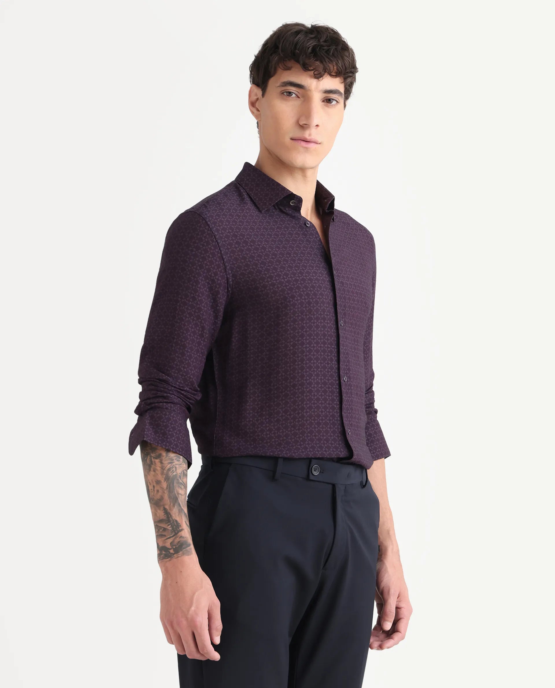 Rare Rabbit Men's Chas Dusky Purple Viscose Blend Monogram Print Regular Fit Full Sleeve Collared Shirt