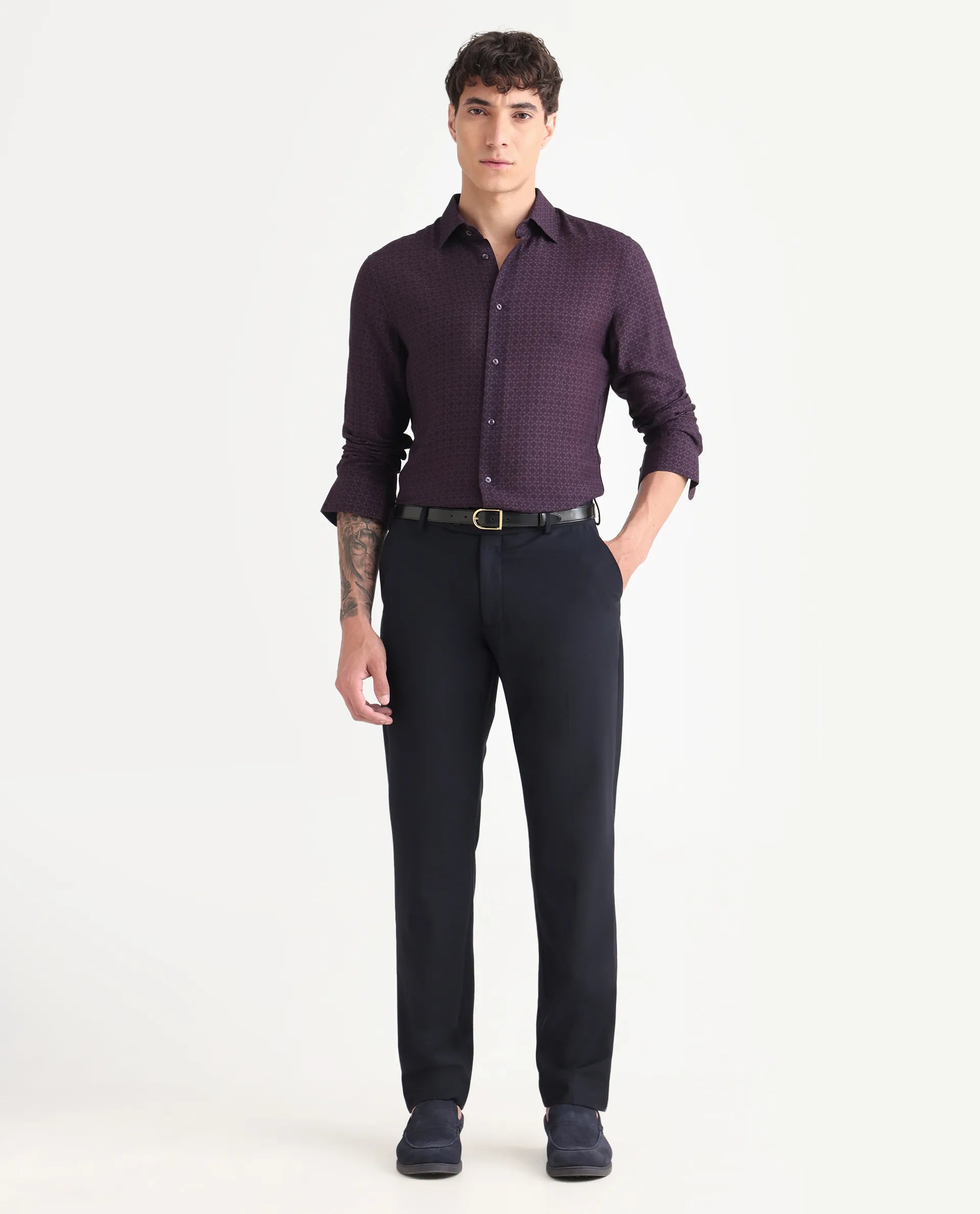 Rare Rabbit Men's Chas Dusky Purple Viscose Blend Monogram Print Regular Fit Full Sleeve Collared Shirt