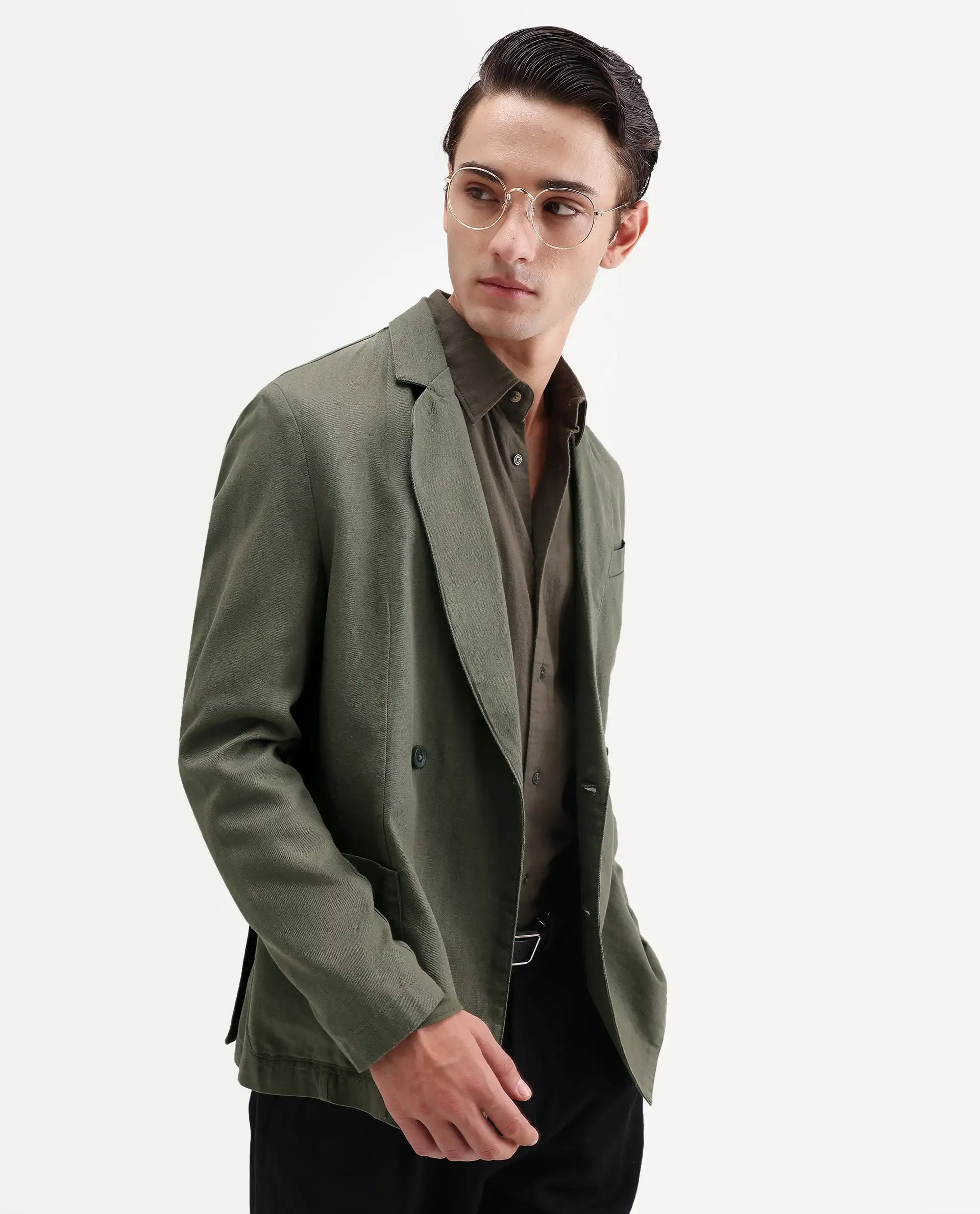 Rare Rabbit Men's Deb Dusky Olive Linen Blend Fabric Lapel Neck Tailored Fit Plain Blazer