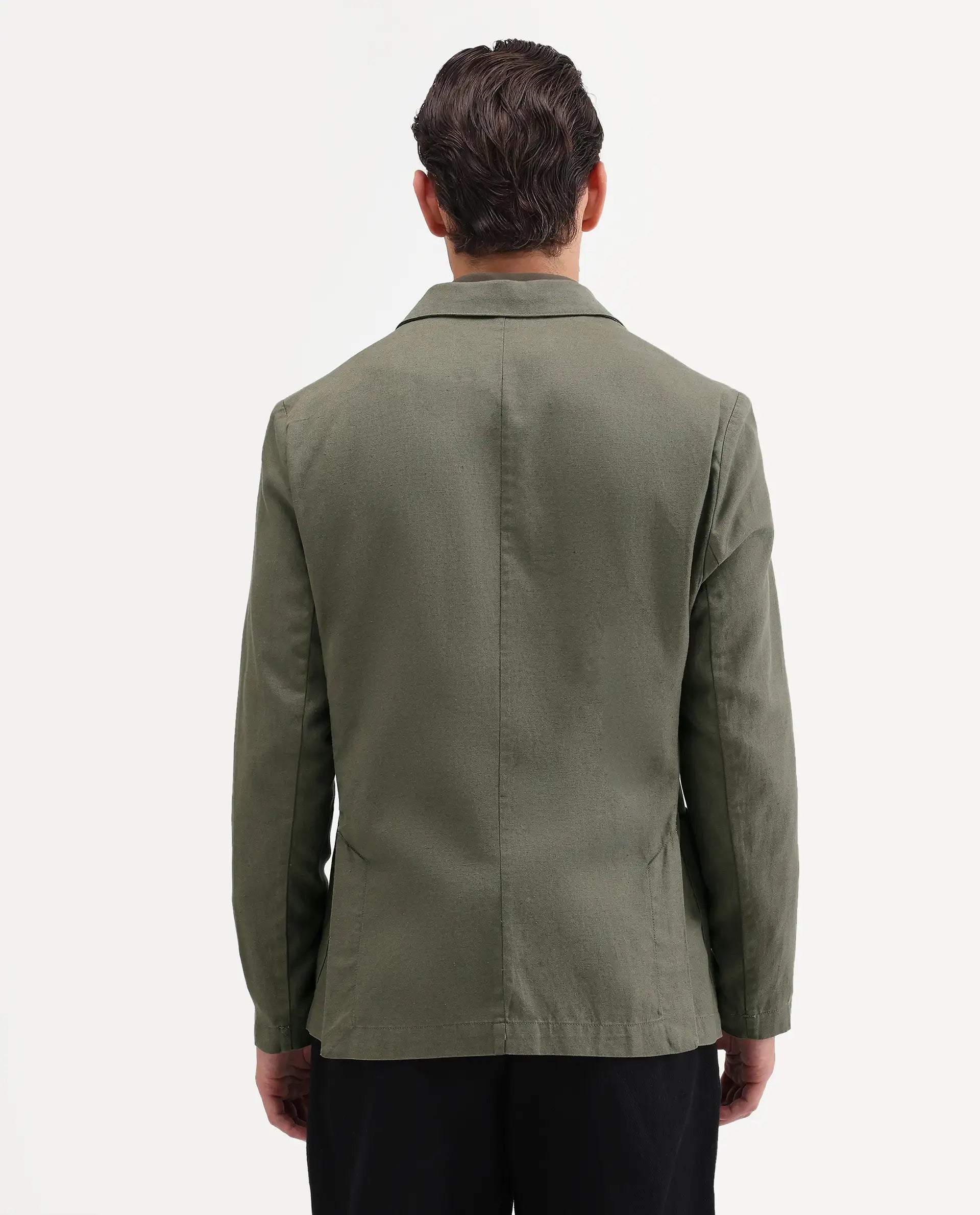 Rare Rabbit Men's Deb Dusky Olive Linen Blend Fabric Lapel Neck Tailored Fit Plain Blazer