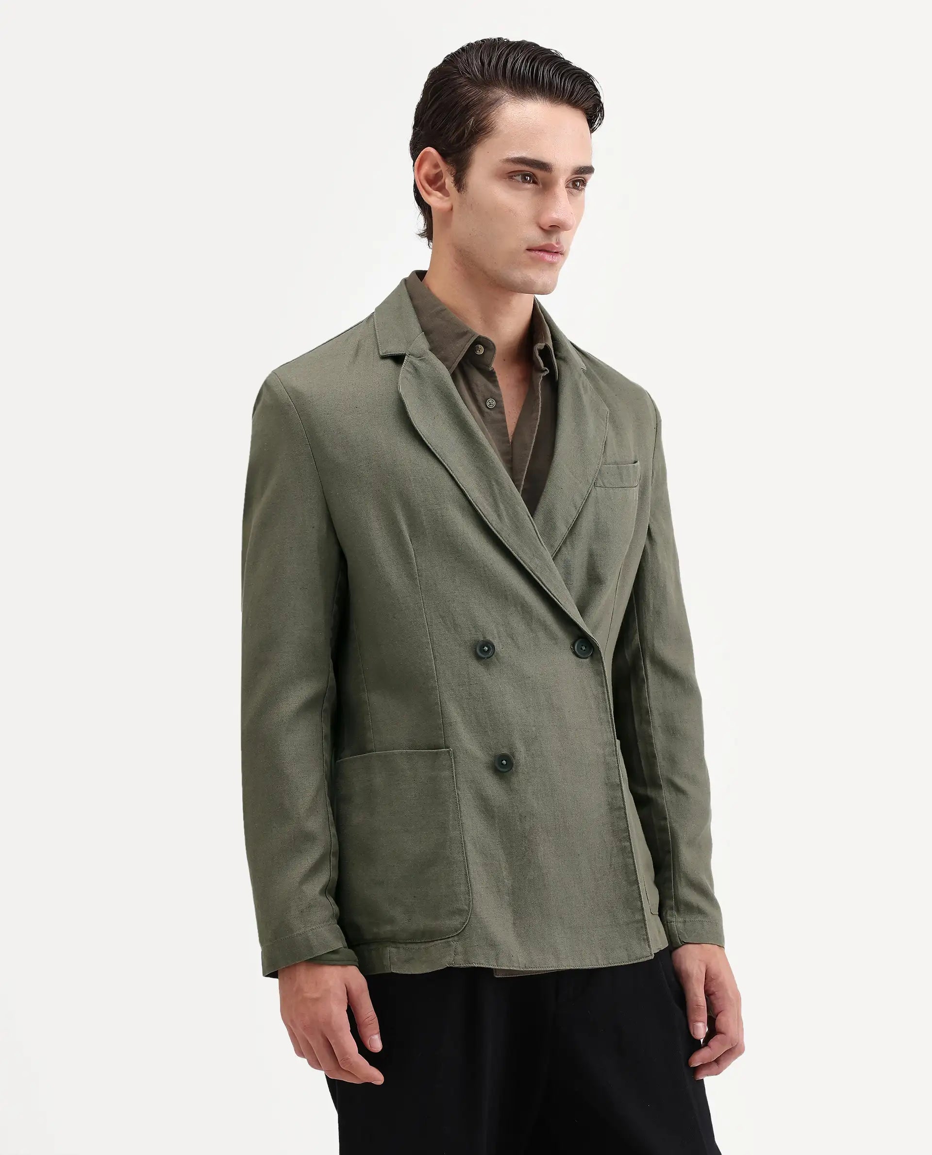 Rare Rabbit Men's Deb Dusky Olive Linen Blend Fabric Lapel Neck Tailored Fit Plain Blazer