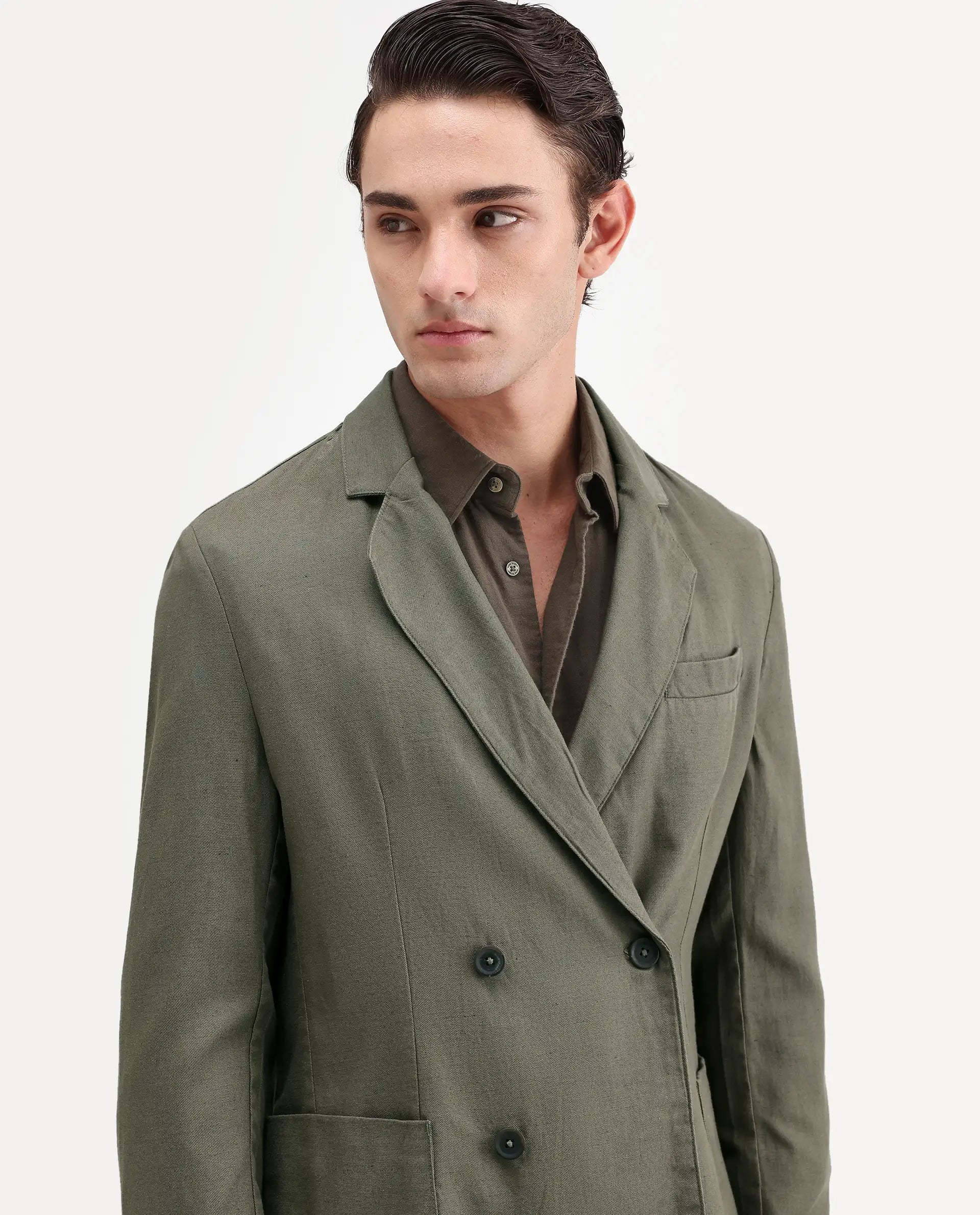 Rare Rabbit Men's Deb Dusky Olive Linen Blend Fabric Lapel Neck Tailored Fit Plain Blazer