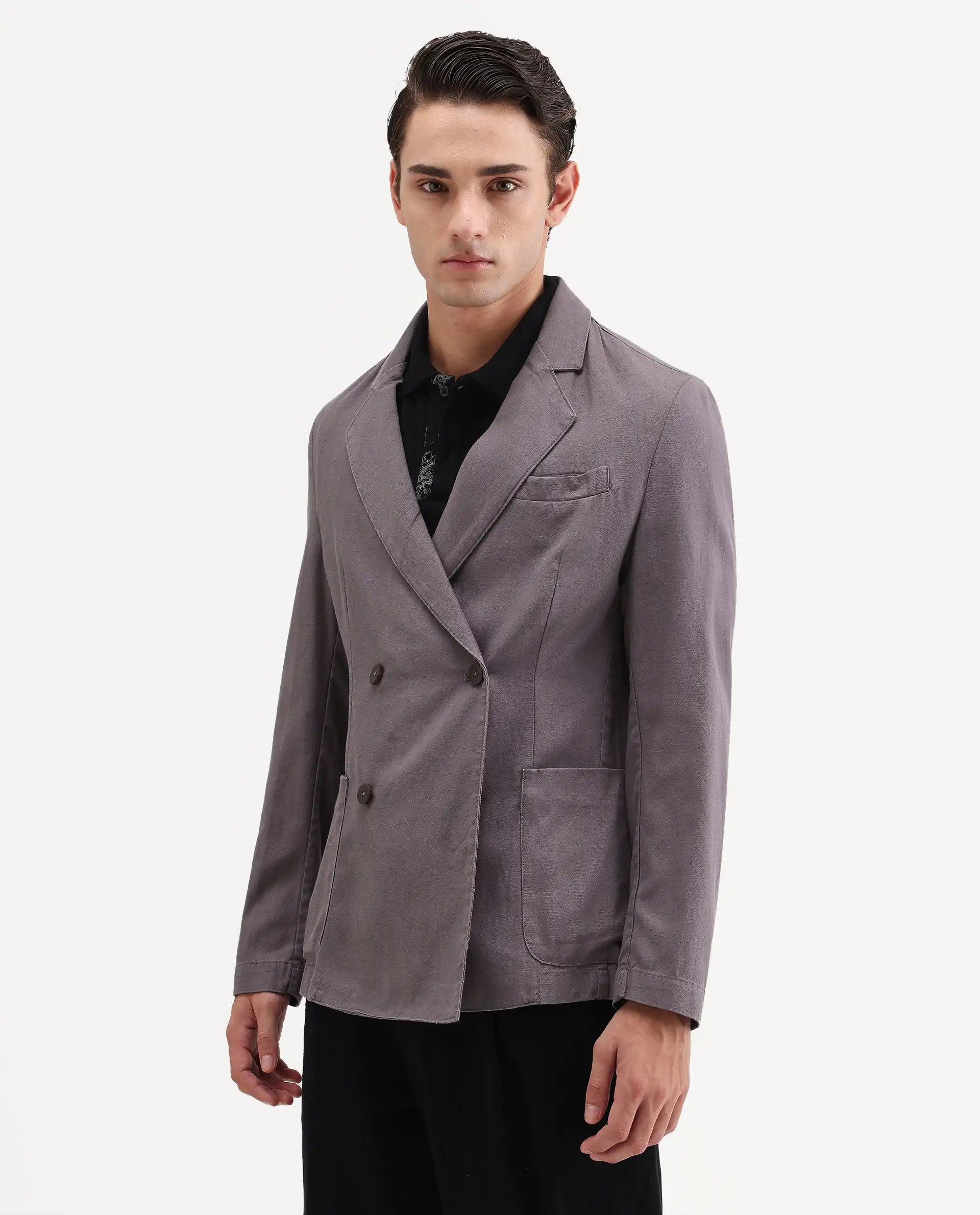 Rare Rabbit Men's Deb Grey Linen Blend Fabric Lapel Neck Tailored Fit Plain Blazer