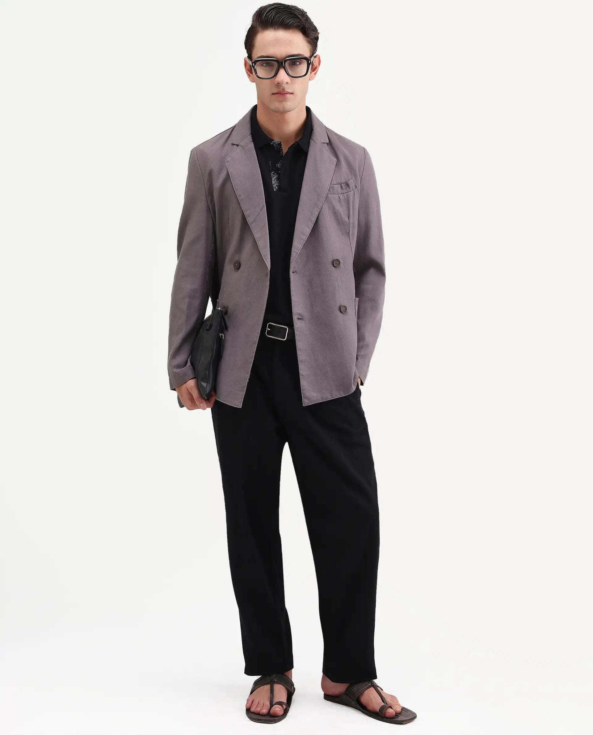 Rare Rabbit Men's Deb Grey Linen Blend Fabric Lapel Neck Tailored Fit Plain Blazer
