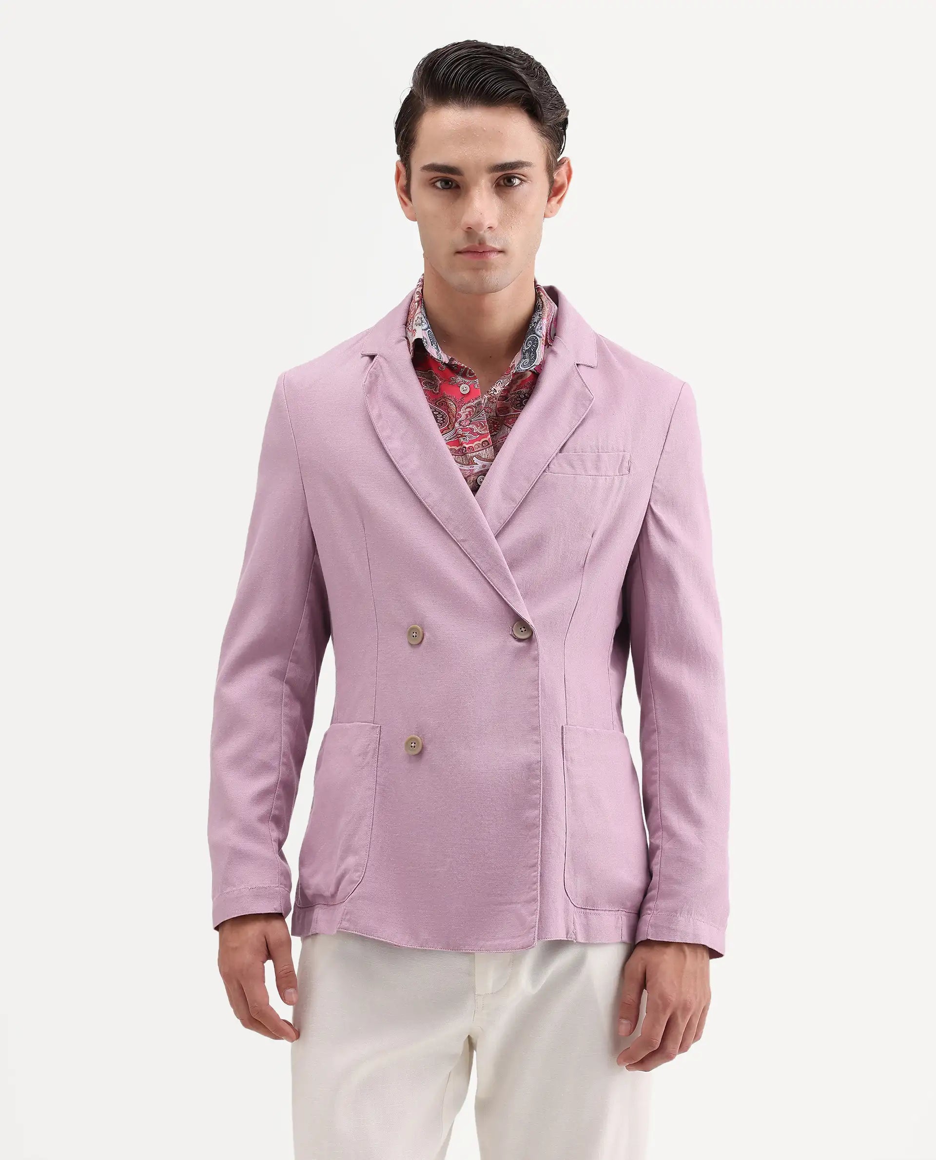 Rare Rabbit Men's Deb Dusky Pink Linen Blend Fabric Lapel Neck Tailored Fit Plain Blazer
