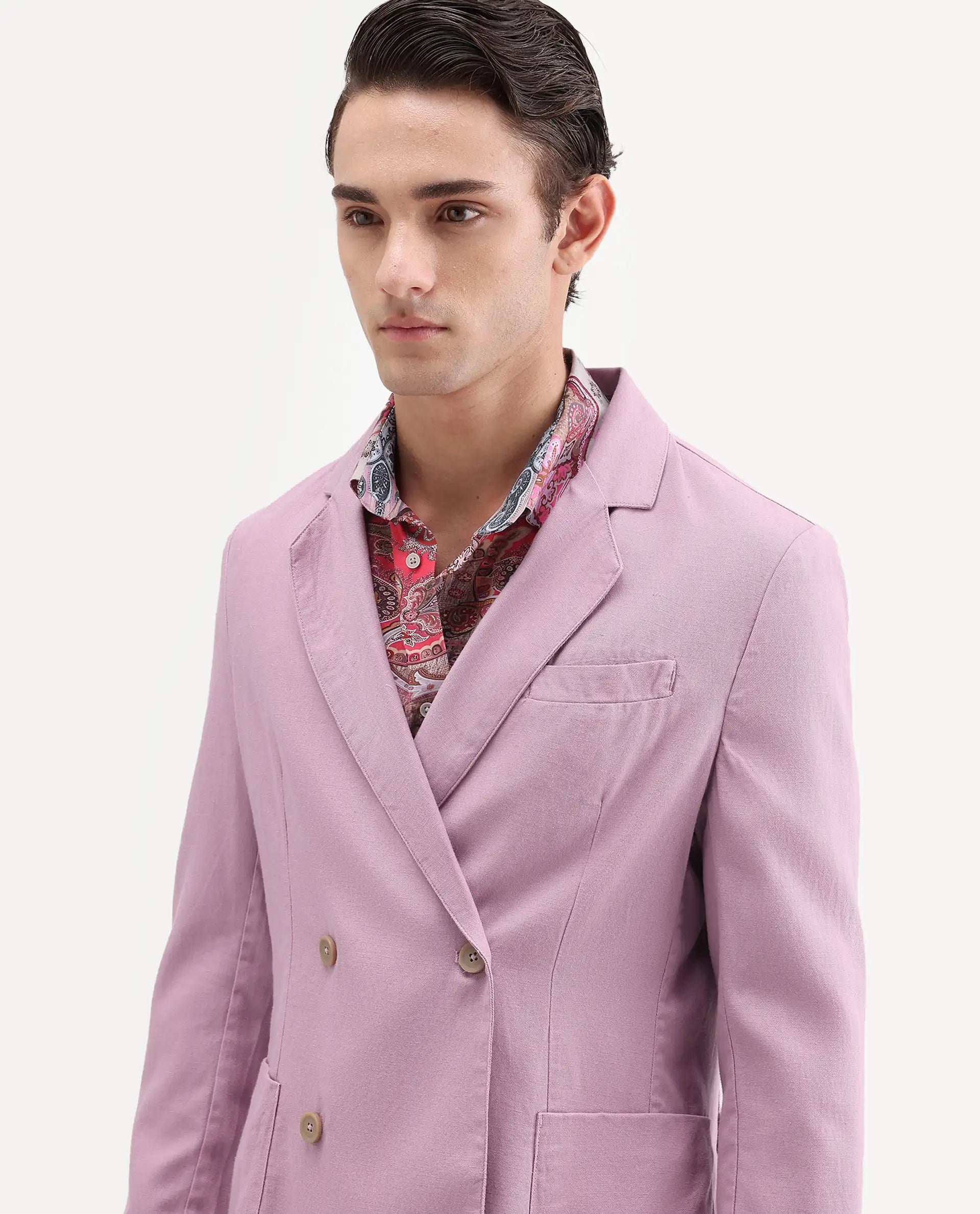 Rare Rabbit Men's Deb Dusky Pink Linen Blend Fabric Lapel Neck Tailored Fit Plain Blazer
