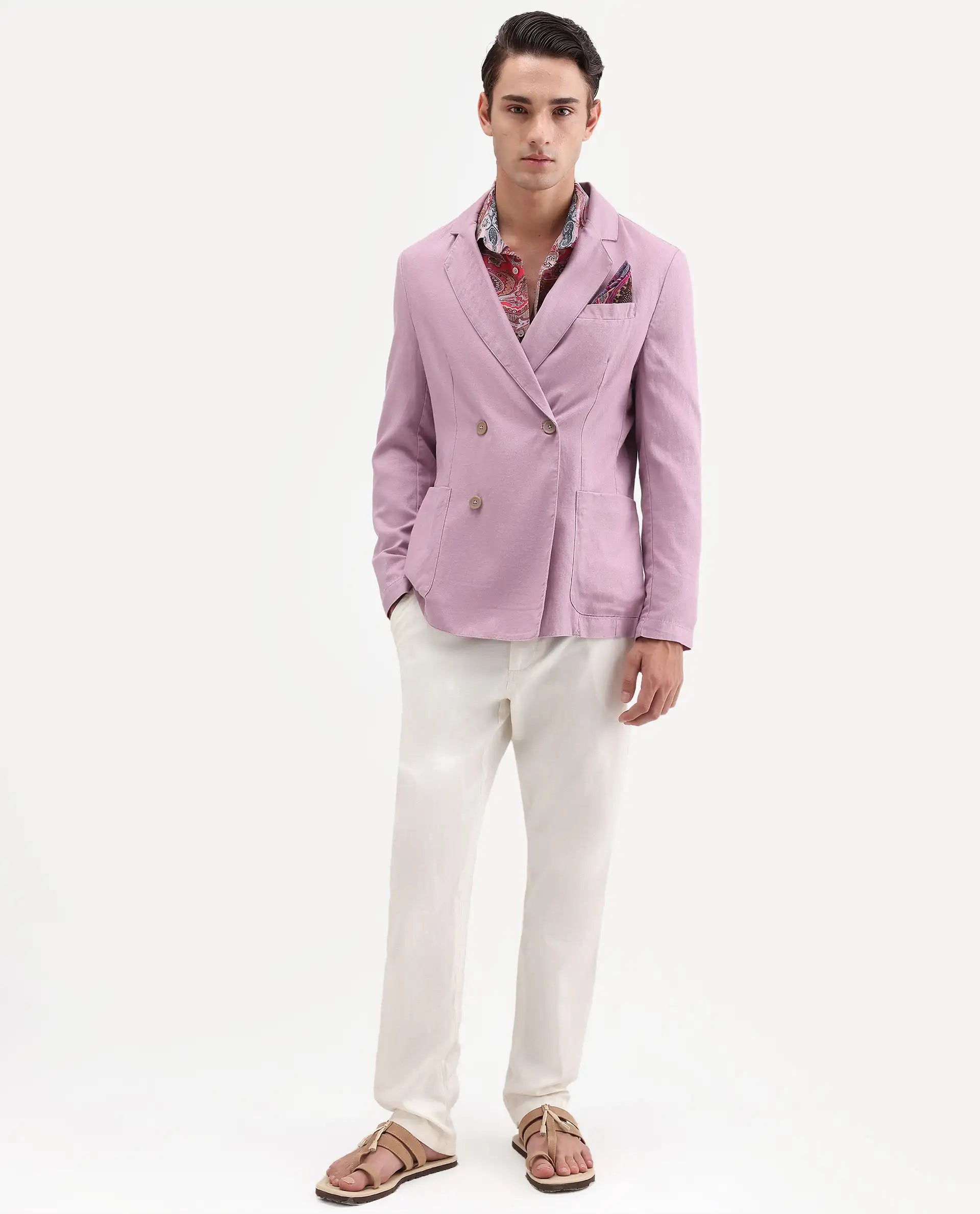 Rare Rabbit Men's Deb Dusky Pink Linen Blend Fabric Lapel Neck Tailored Fit Plain Blazer