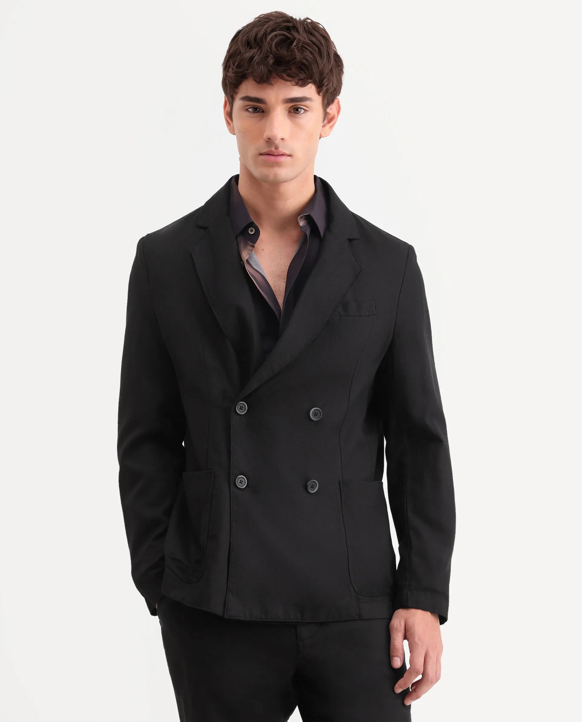 Rare Rabbit Men's Deb Black Linen Blend Fabric Lapel Neck Tailored Fit Plain Blazer