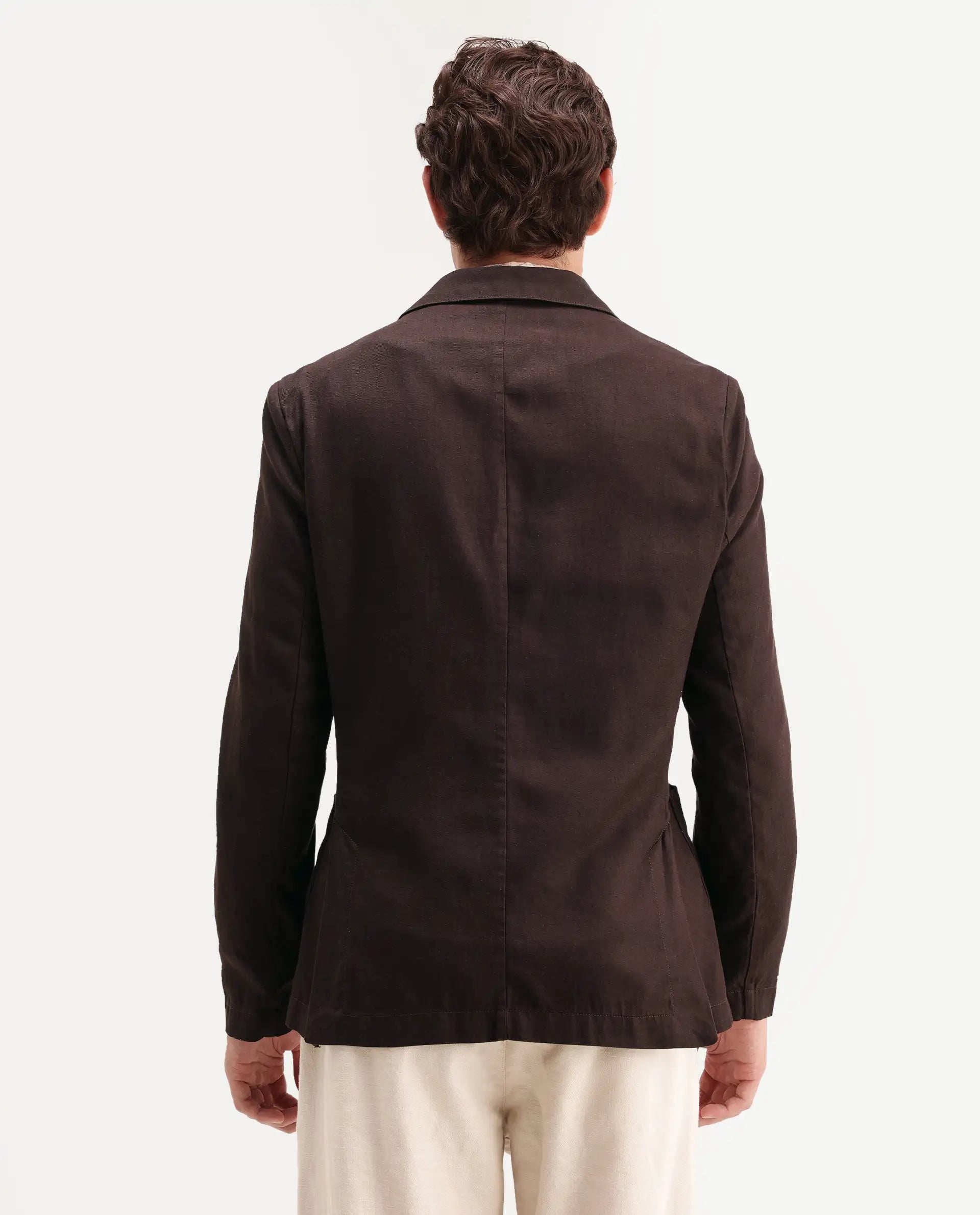 Rare Rabbit Men's Deb Dark Brown Linen Blend Fabric Lapel Neck Tailored Fit Plain Blazer