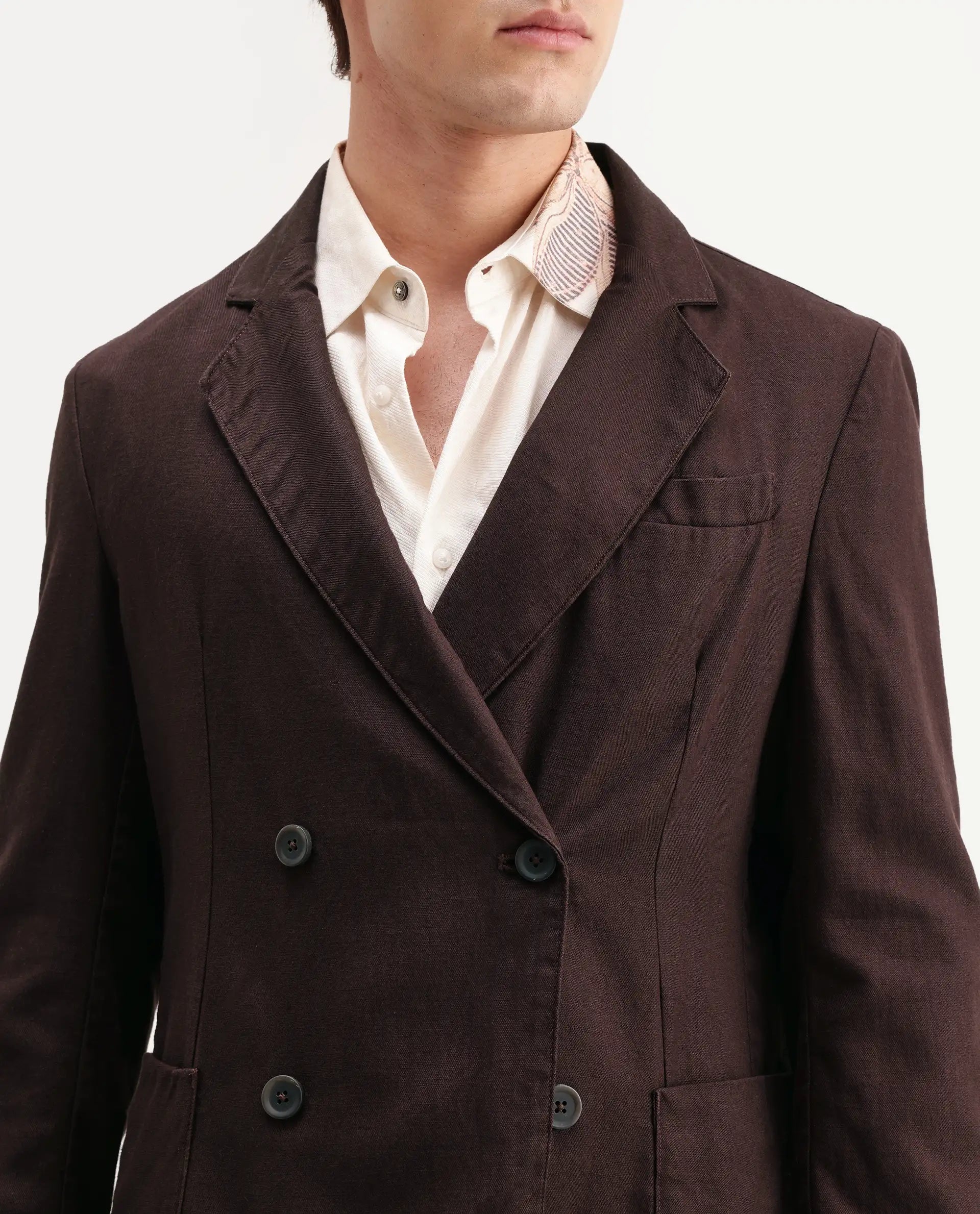 Rare Rabbit Men's Deb Dark Brown Linen Blend Fabric Lapel Neck Tailored Fit Plain Blazer