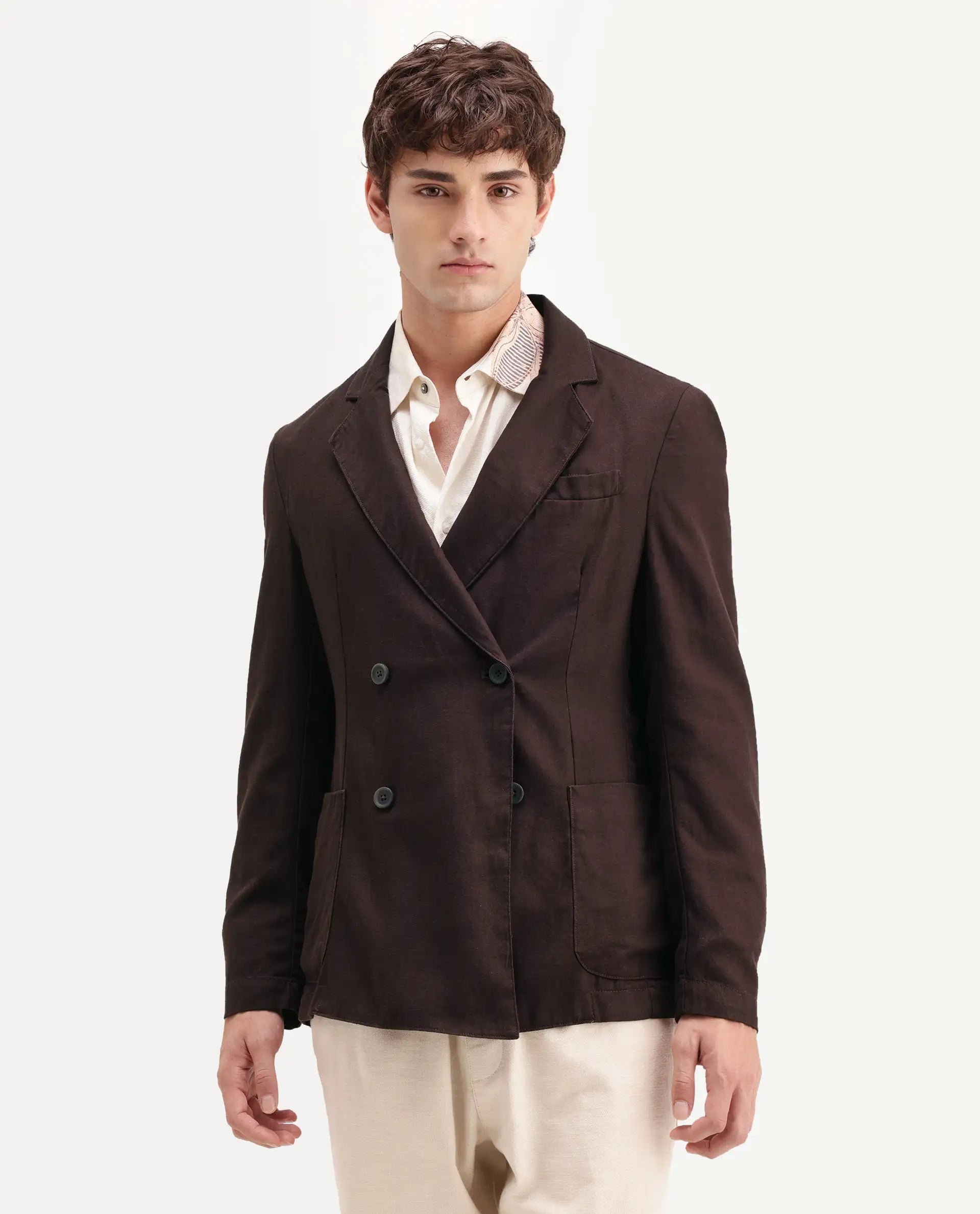 Rare Rabbit Men's Deb Dark Brown Linen Blend Fabric Lapel Neck Tailored Fit Plain Blazer