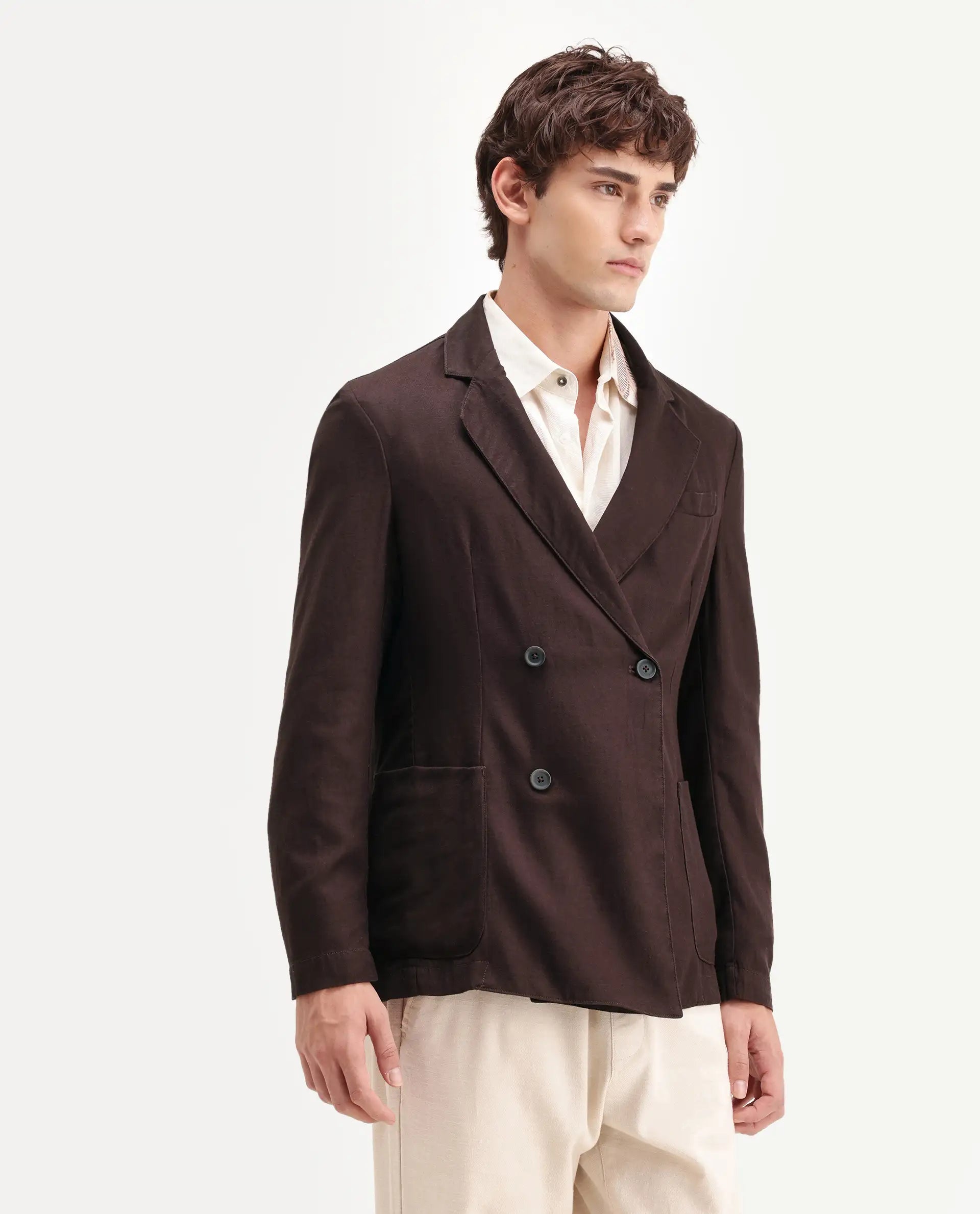 Rare Rabbit Men's Deb Dark Brown Linen Blend Fabric Lapel Neck Tailored Fit Plain Blazer