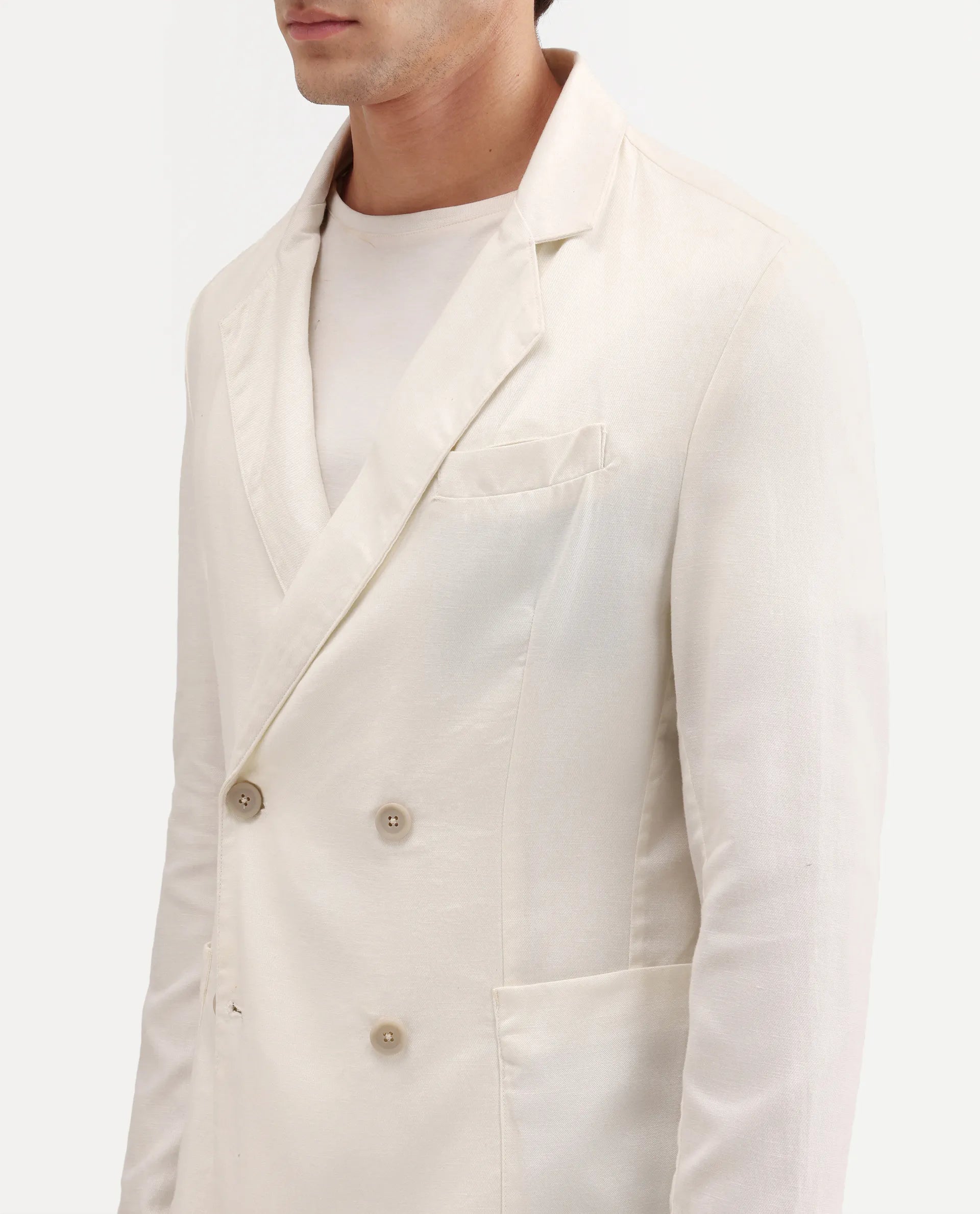 Rare Rabbit Men's Deb Off White Linen Blend Fabric Lapel Neck Tailored Fit Plain Blazer