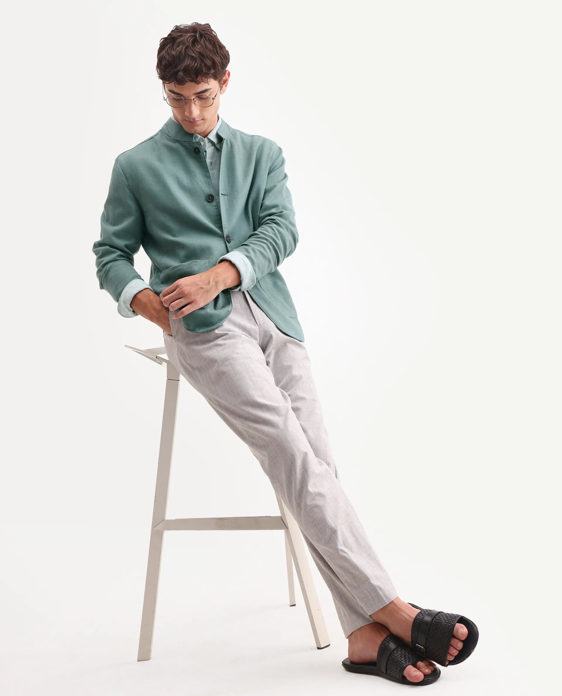 Rare Rabbit Men's Bela Dusky Green Linen Blend Fabric Mandarin Collar Neck Tailored Fit Coat