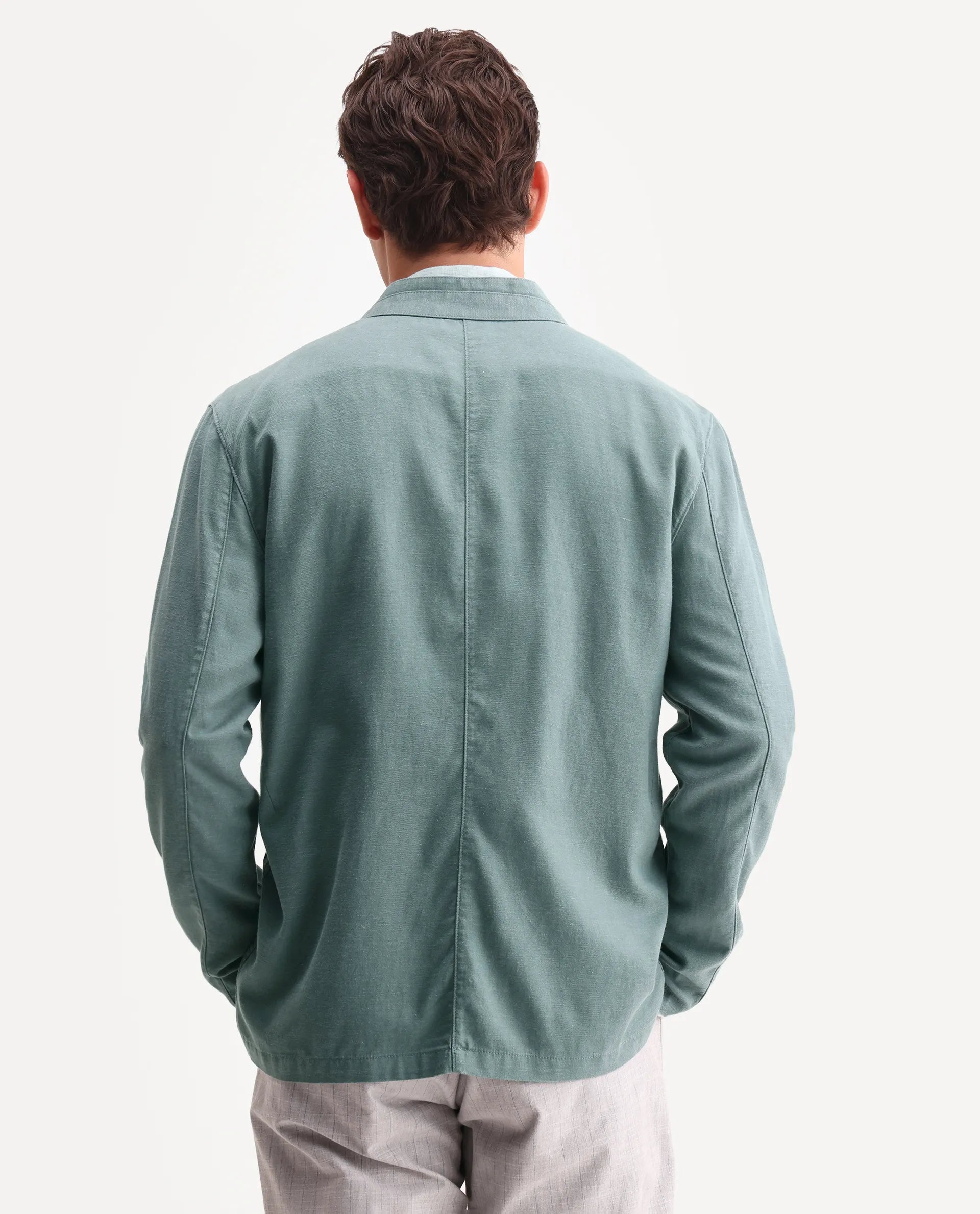 Rare Rabbit Men's Bela Dusky Green Linen Blend Fabric Mandarin Collar Neck Tailored Fit Coat